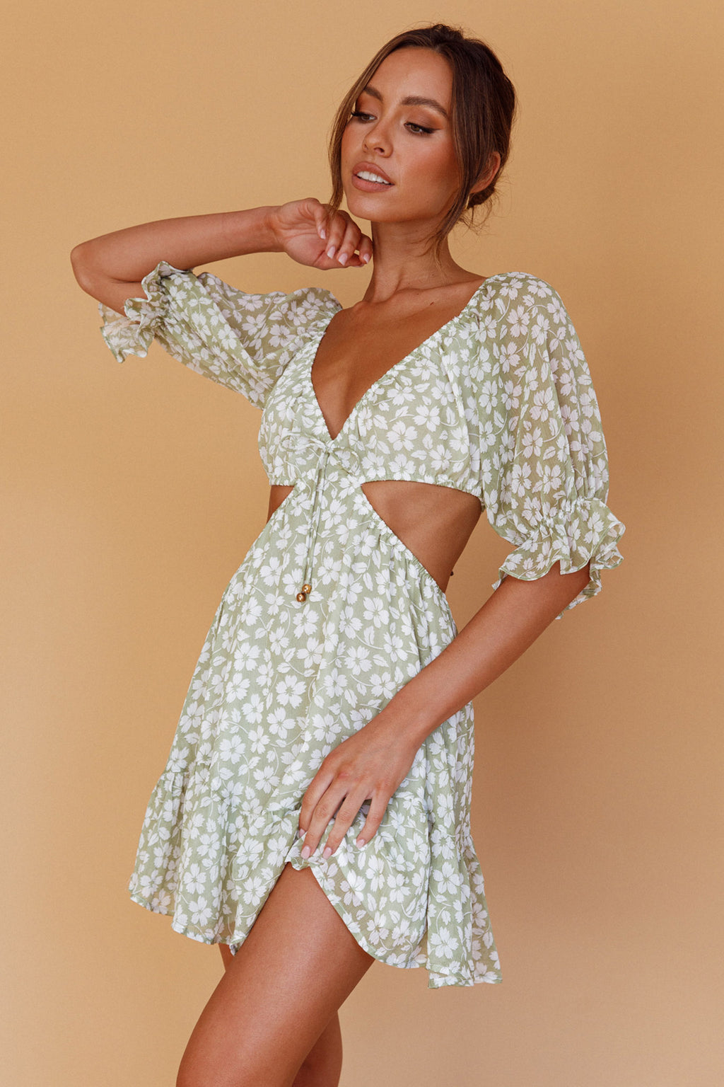 Fancy Free Puff Sleeve Cut-Out Dress Floral Green by Selfie Leslie Australia