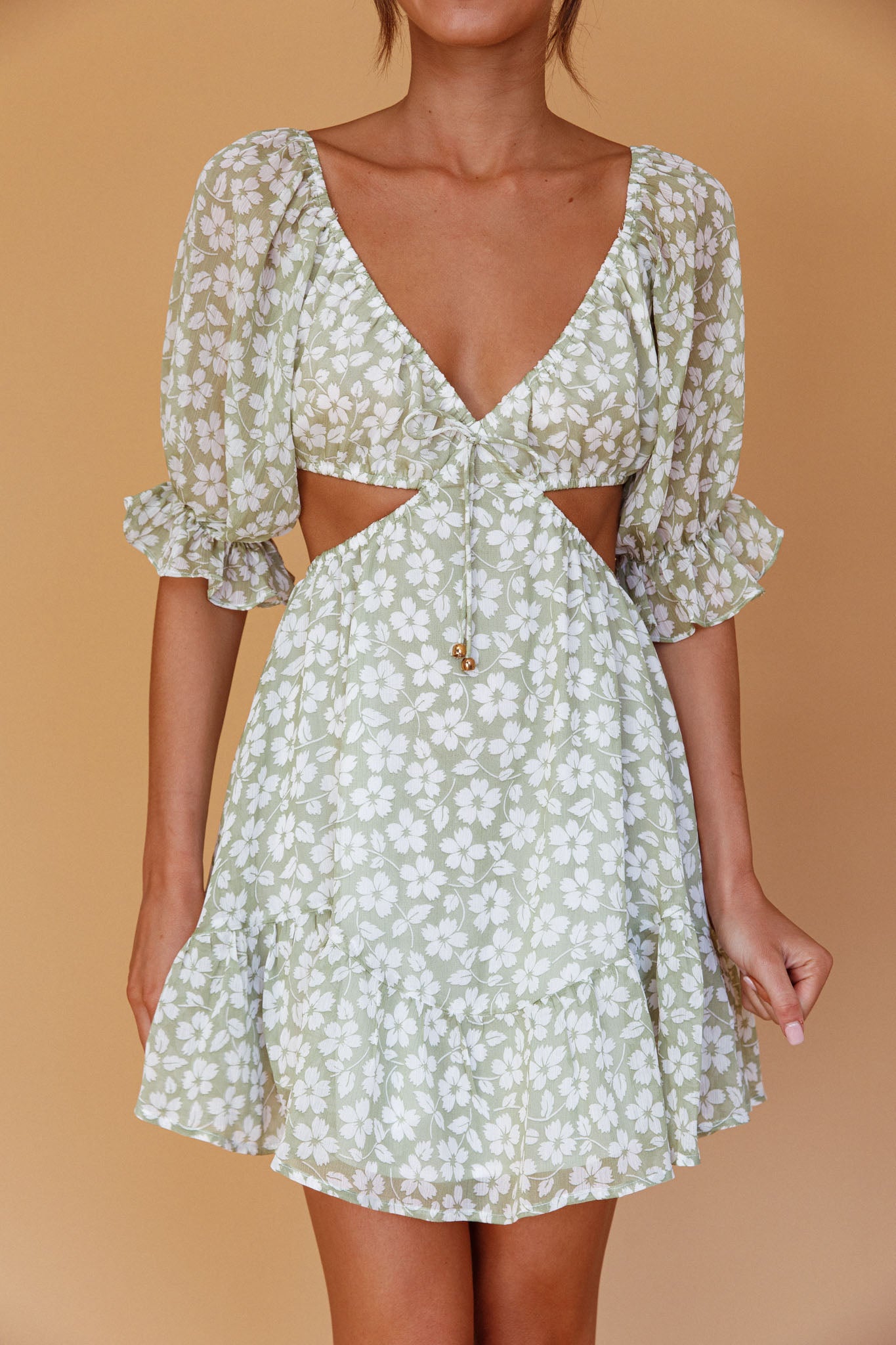 Fancy Free Puff Sleeve Cut-Out Dress Floral Green by Selfie Leslie Australia