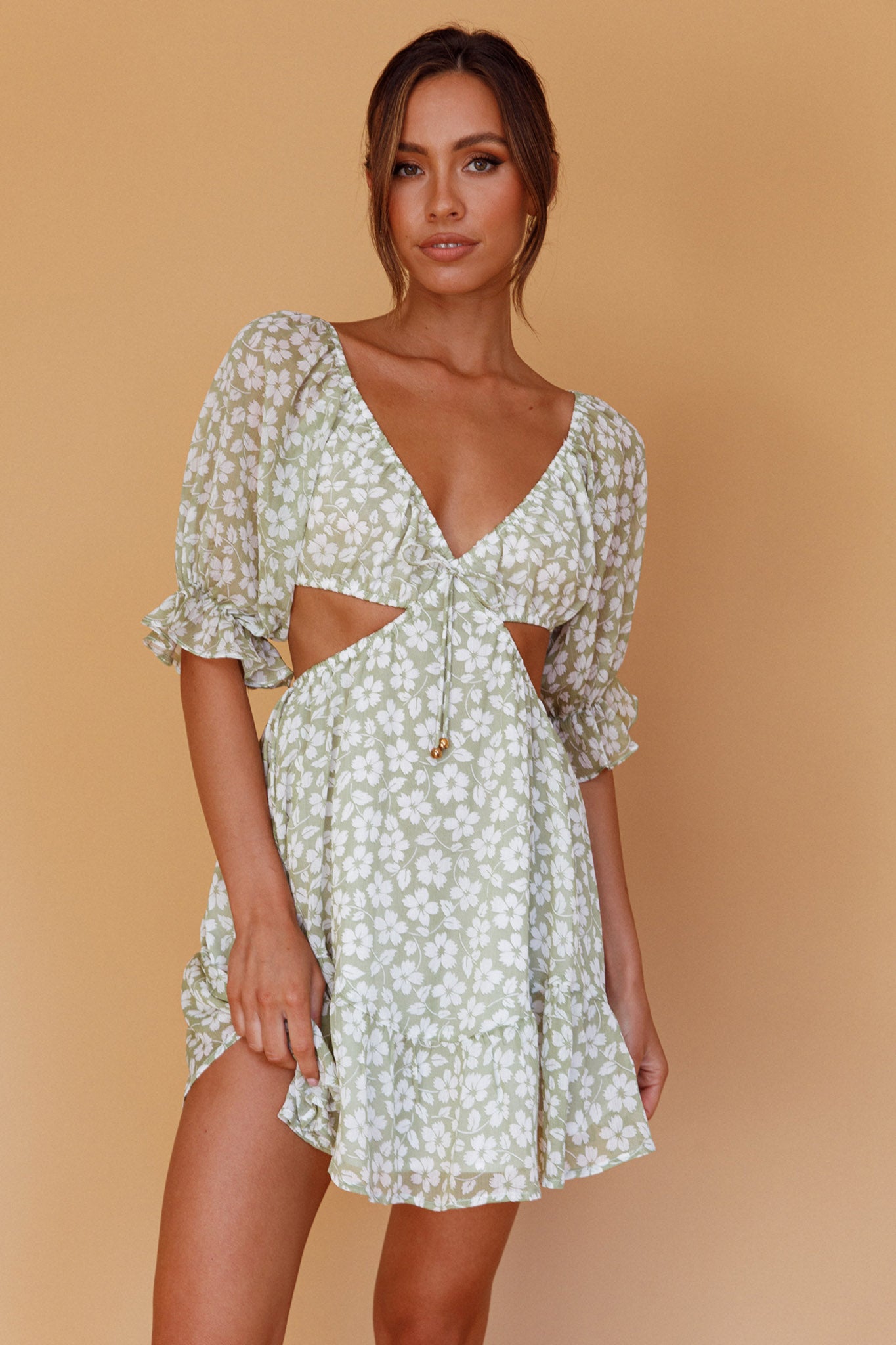 Fancy Free Puff Sleeve Cut-Out Dress Floral Green by Selfie Leslie Australia