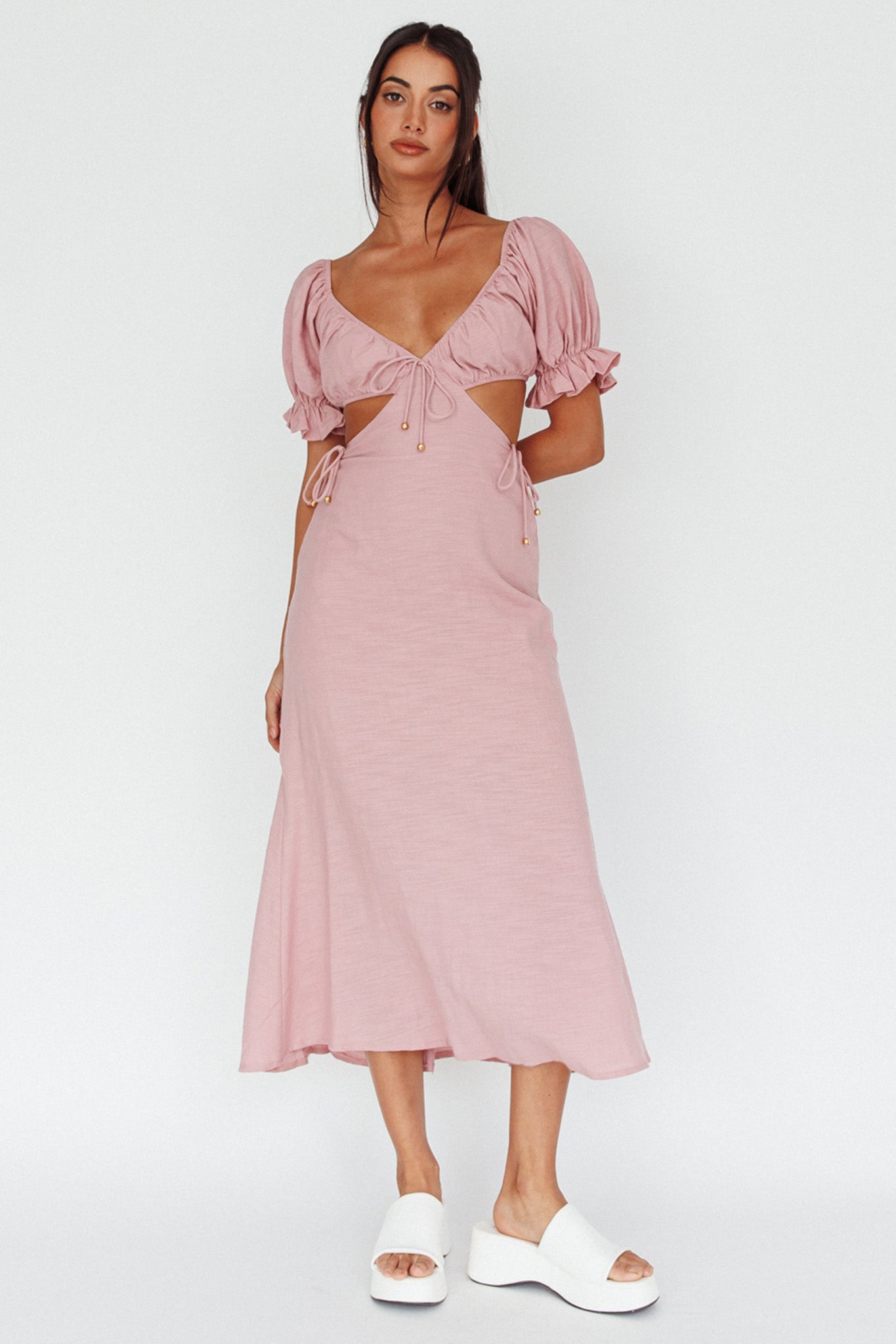 Fancy Free Puff Sleeve Midi Dress Blush by Selfie Leslie Australia