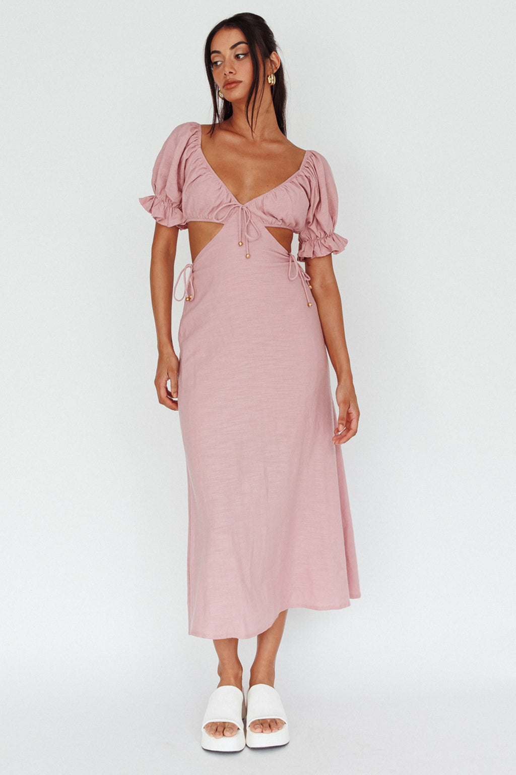Fancy Free Puff Sleeve Midi Dress Blush by Selfie Leslie Australia