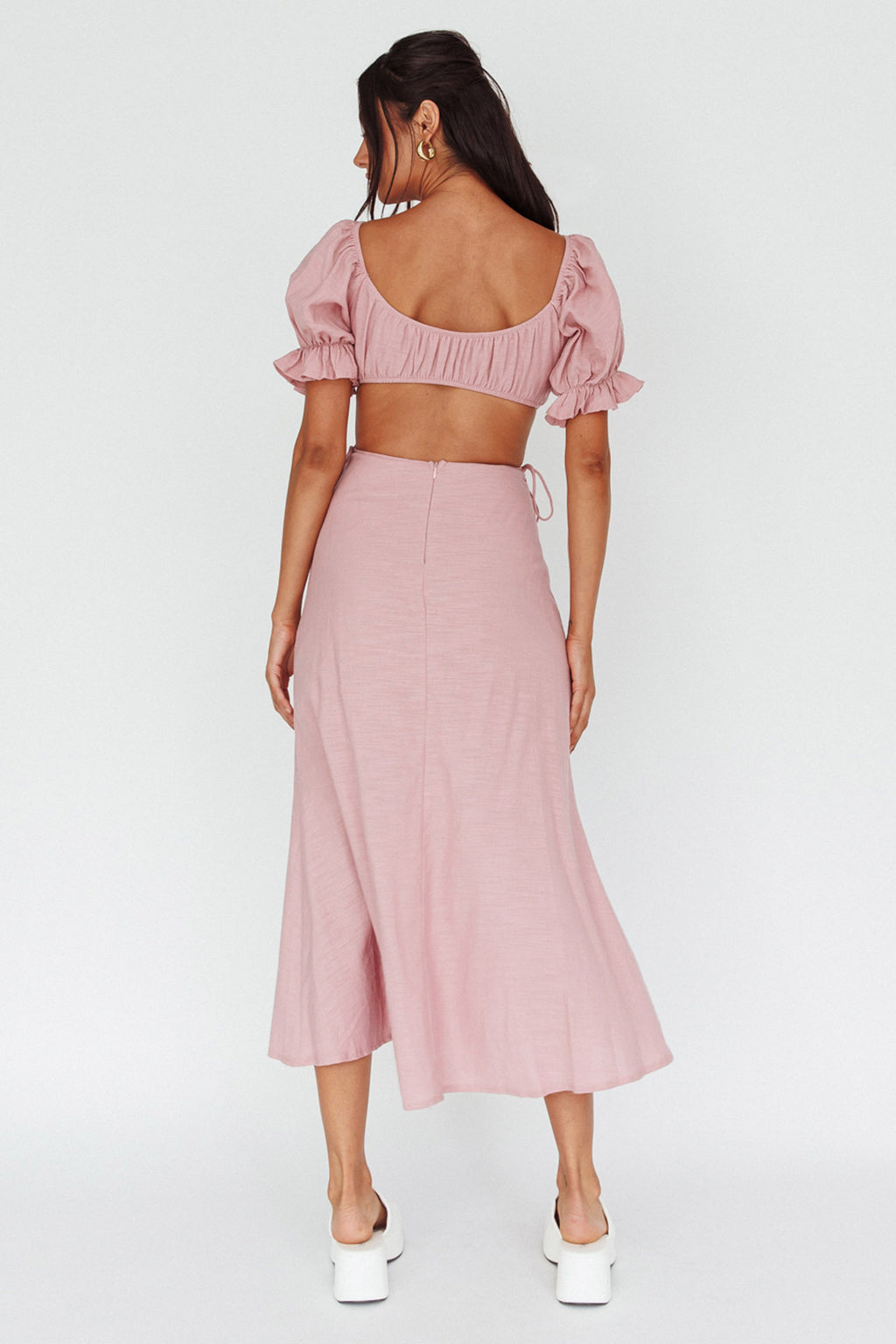 Fancy Free Puff Sleeve Midi Dress Blush by Selfie Leslie Australia