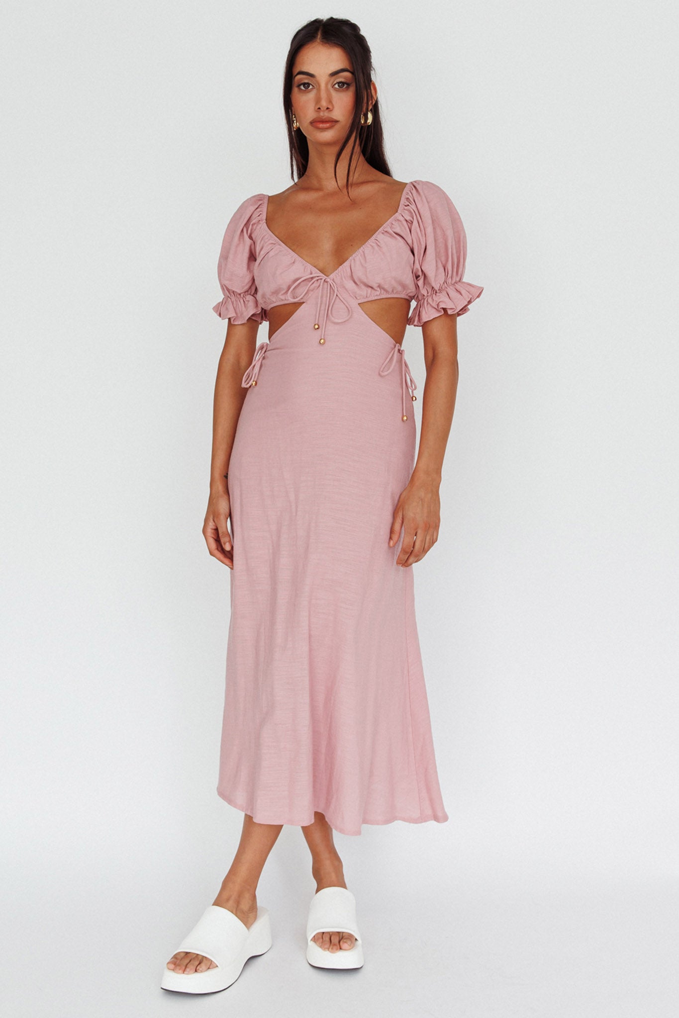 Fancy Free Puff Sleeve Midi Dress Blush by Selfie Leslie Australia