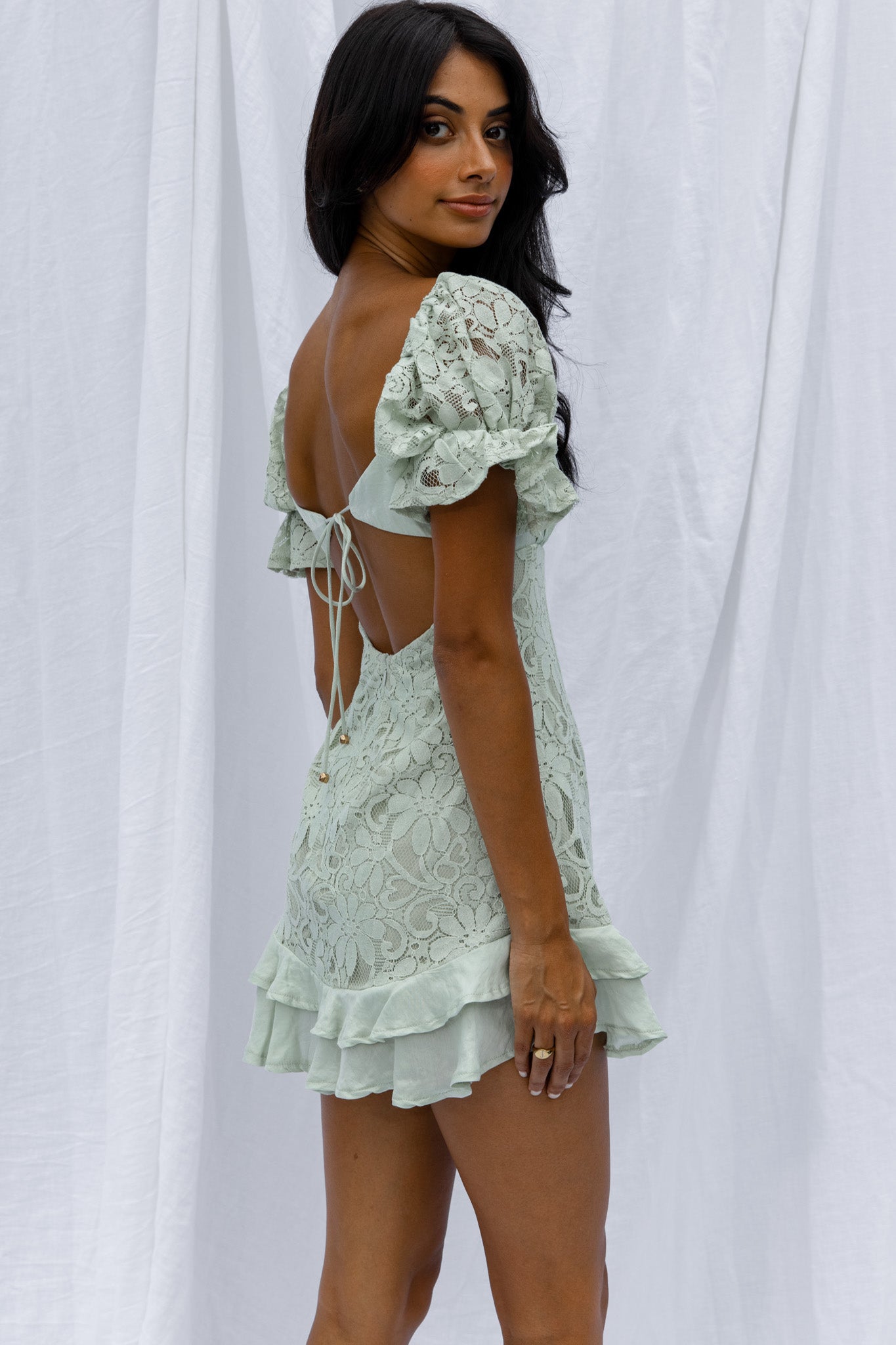 Georgia Peach Puff Sleeve Double Frill Hem Lace Dress Mint by Selfie Leslie