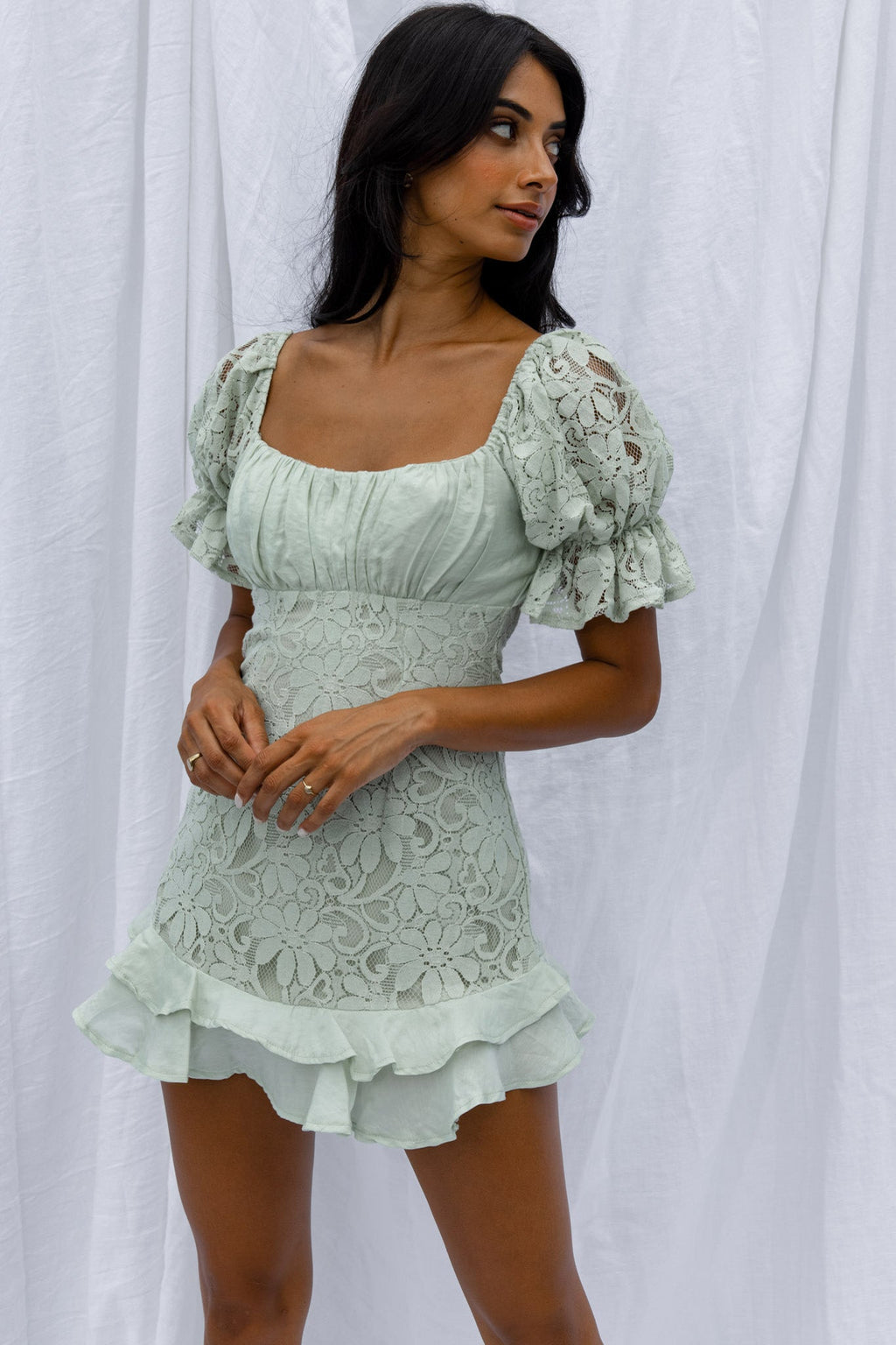 Georgia Peach Puff Sleeve Double Frill Hem Lace Dress Mint by Selfie Leslie