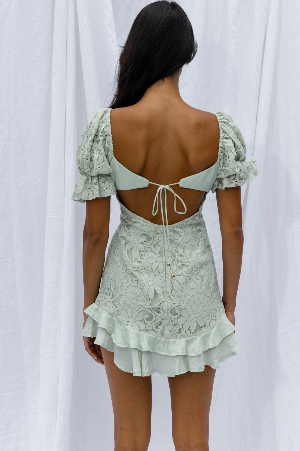 Georgia Peach Puff Sleeve Double Frill Hem Lace Dress Mint by Selfie Leslie