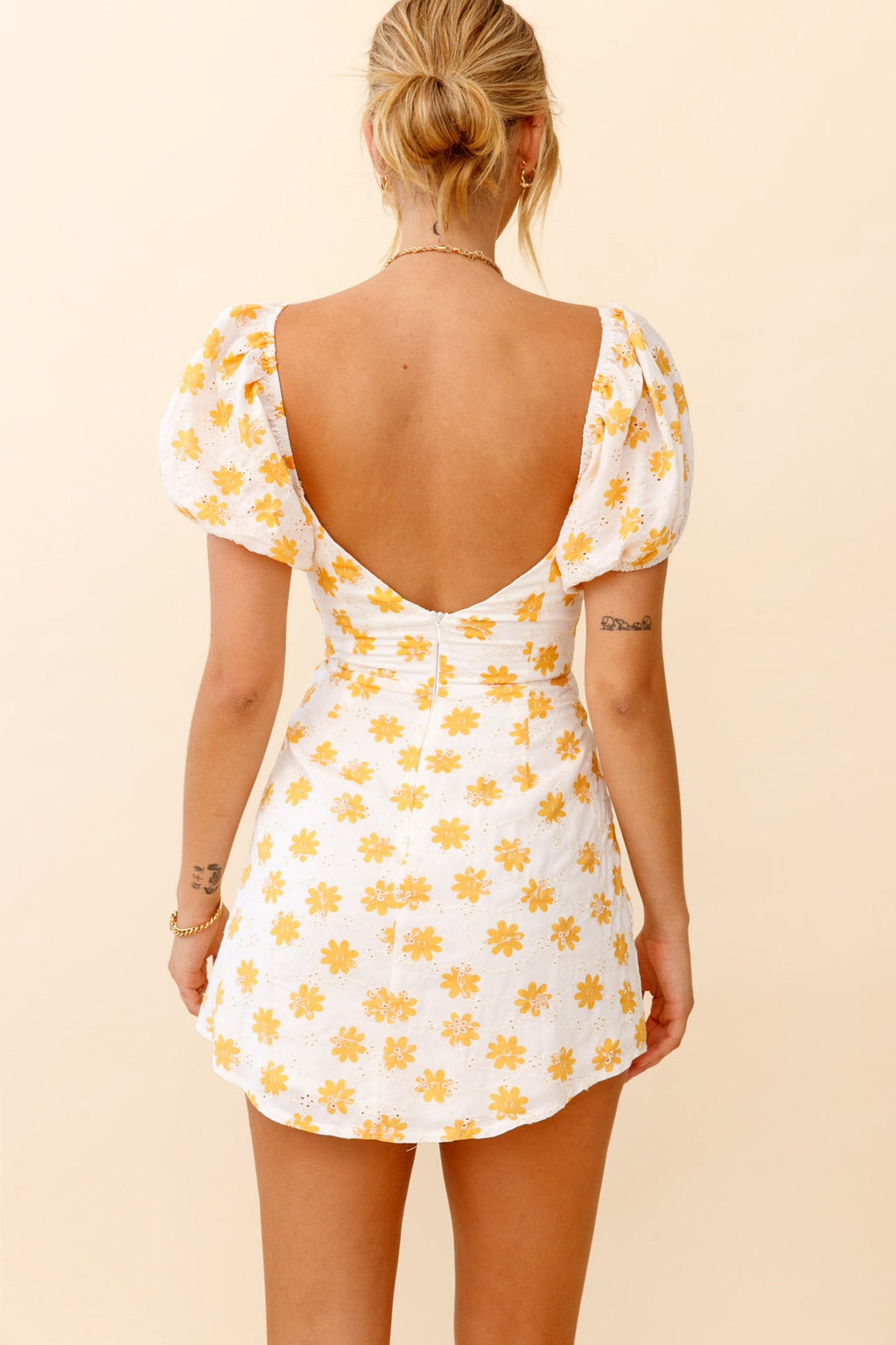Sunshine Day Puff Sleeve Cutout Bust Dress Floral Print White/Yellow by Selfie Leslie