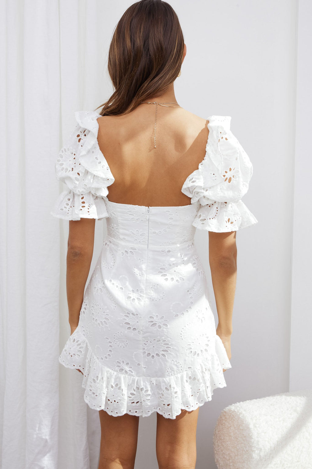 Meet Cute Twist Bust Puff Sleeve Eyelet Dress White by Selfie Leslie