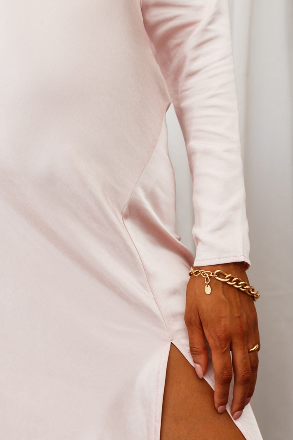 Anjela Long Sleeve Thigh Split Midi Dress Baby Pink by Selfie Leslie