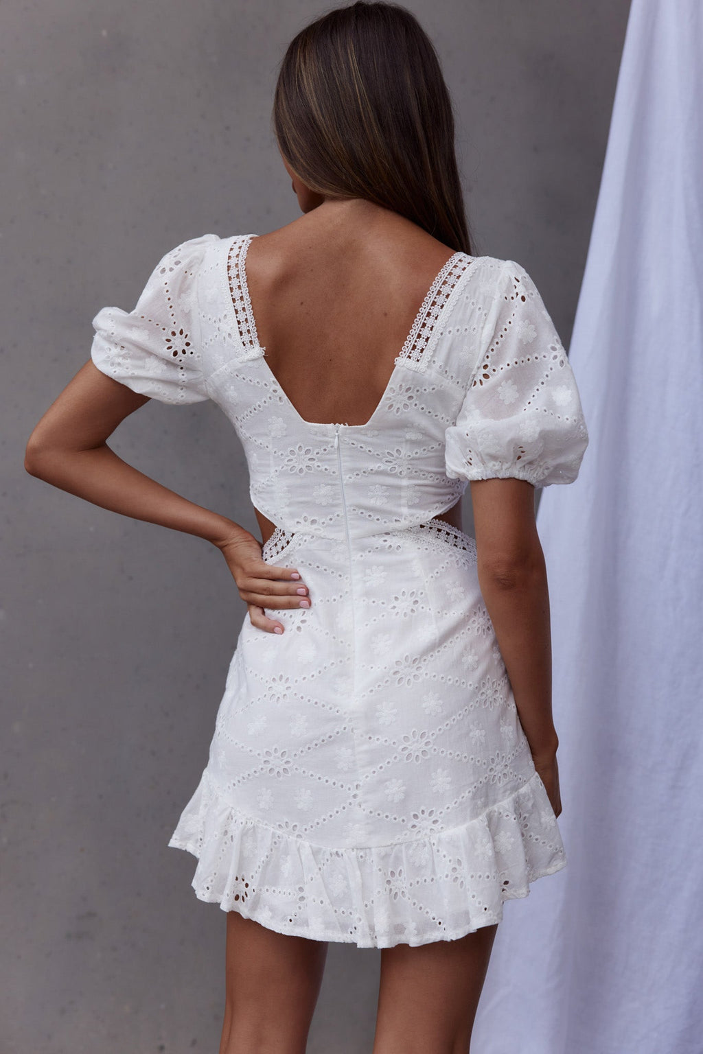 Santorini Sunset Puff Sleeve Cut-Out Eyelet Dress White by Selfie Leslie