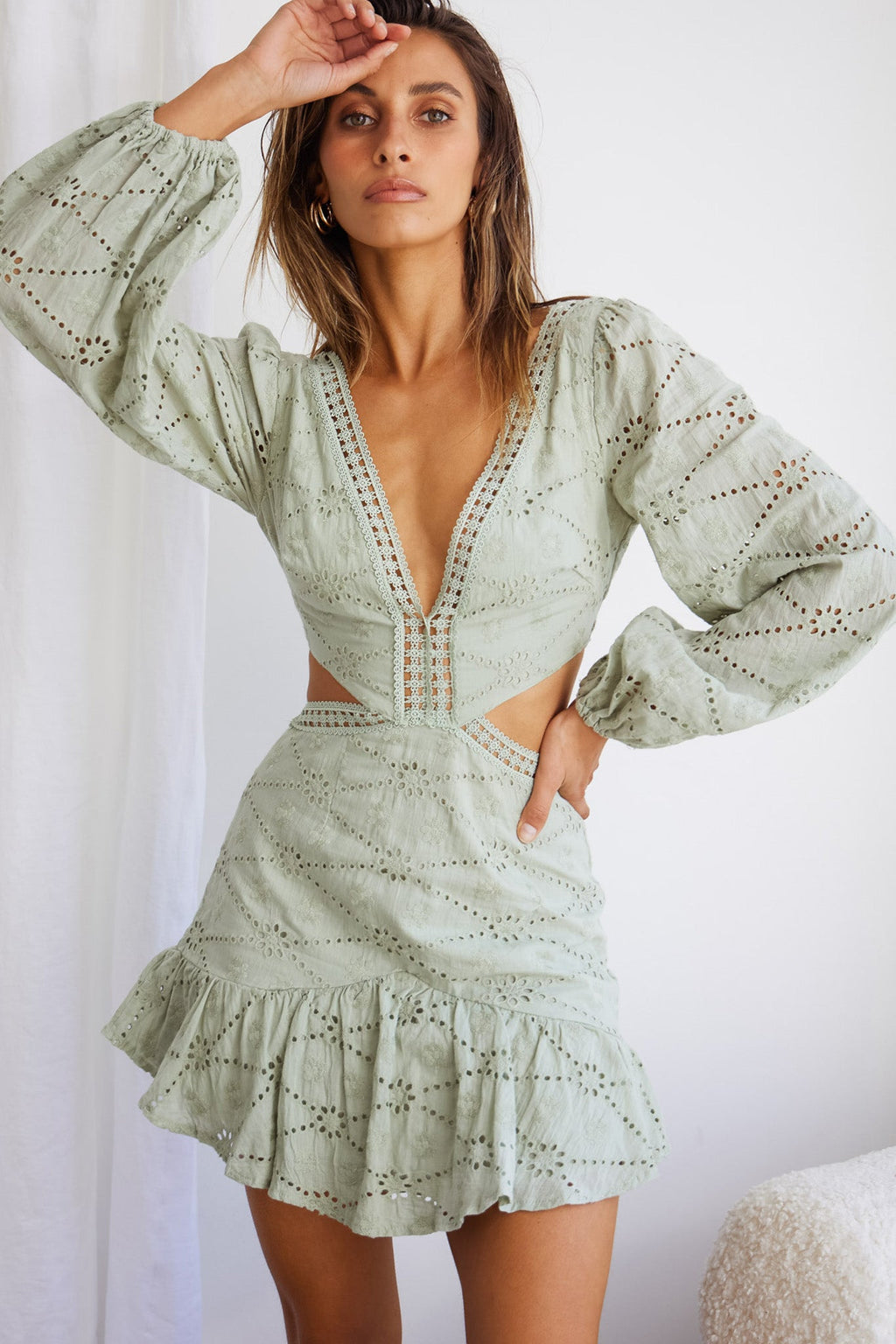 Santorini Sunset Balloon Sleeve Cut-Out Eyelet Dress Sage by Selfie Leslie