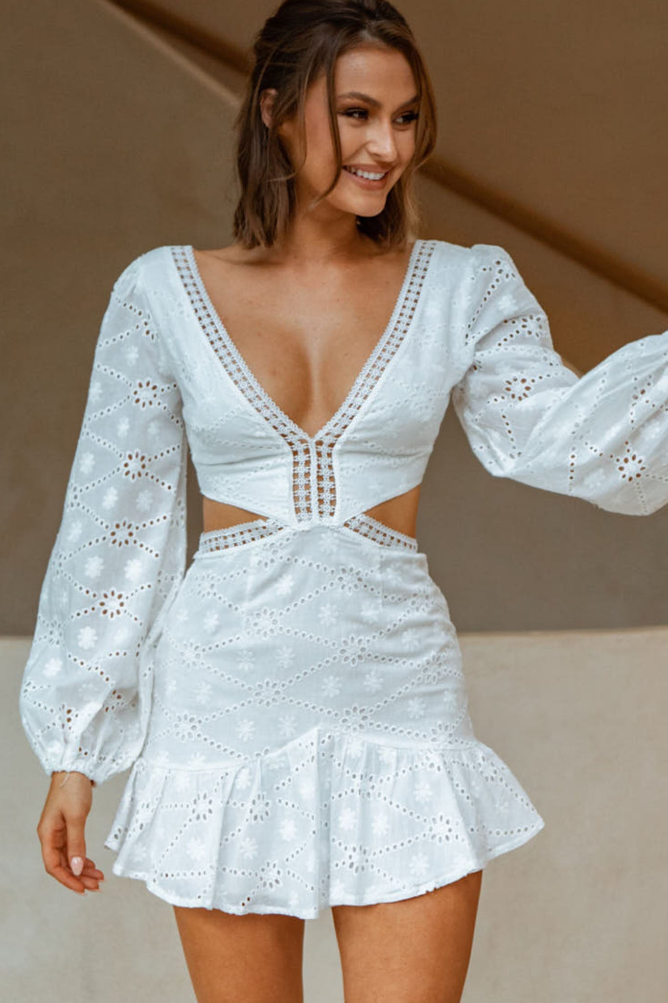 Santorini Sunset Balloon Sleeve Cut-Out Eyelet Dress White by Selfie Leslie