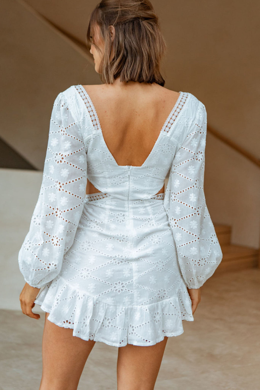 Santorini Sunset Balloon Sleeve Cut-Out Eyelet Dress White by Selfie Leslie