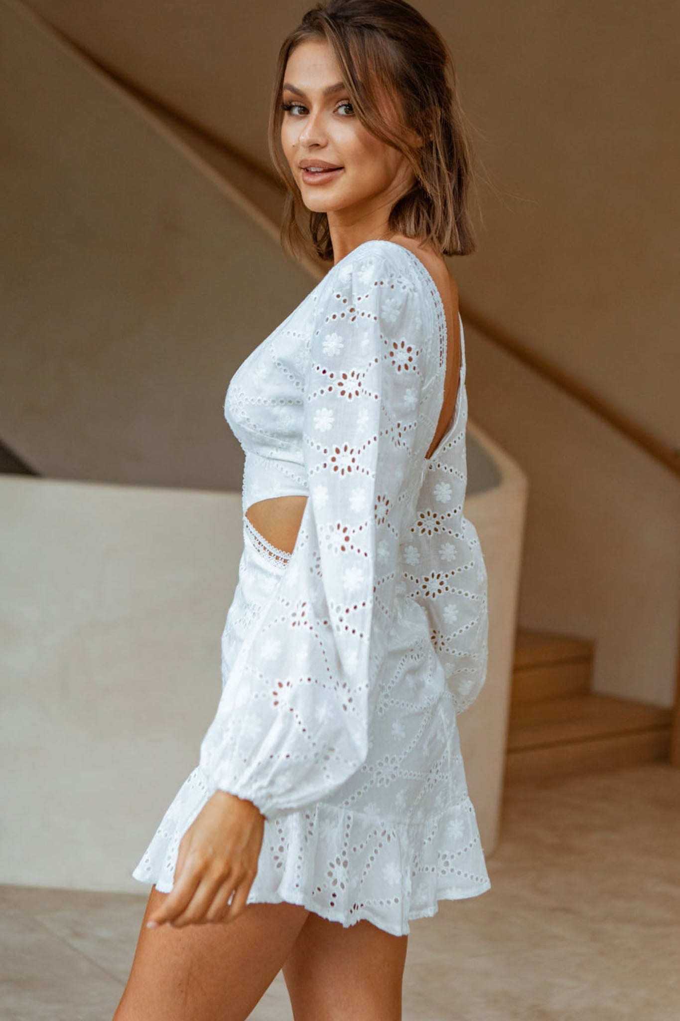 Santorini Sunset Balloon Sleeve Cut-Out Eyelet Dress White by Selfie Leslie