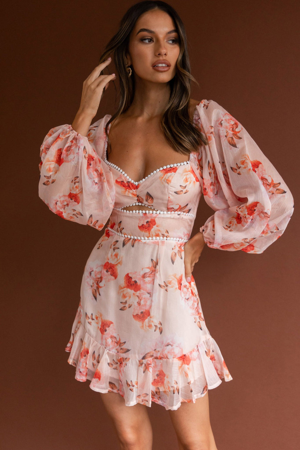 Catch Feelings Sweetheart Neckline Dot Trim Dress Rose Print Orange by Selfie Leslie