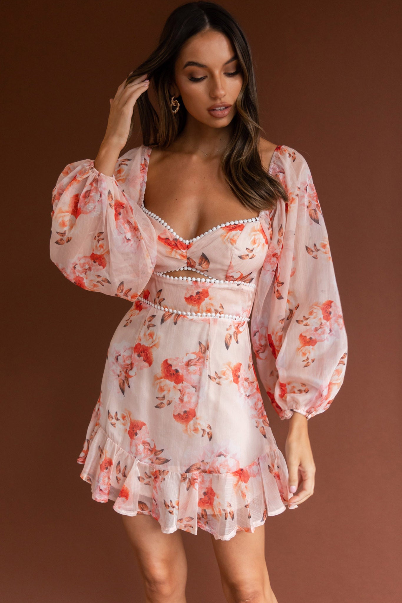 Catch Feelings Sweetheart Neckline Dot Trim Dress Rose Print Orange by Selfie Leslie