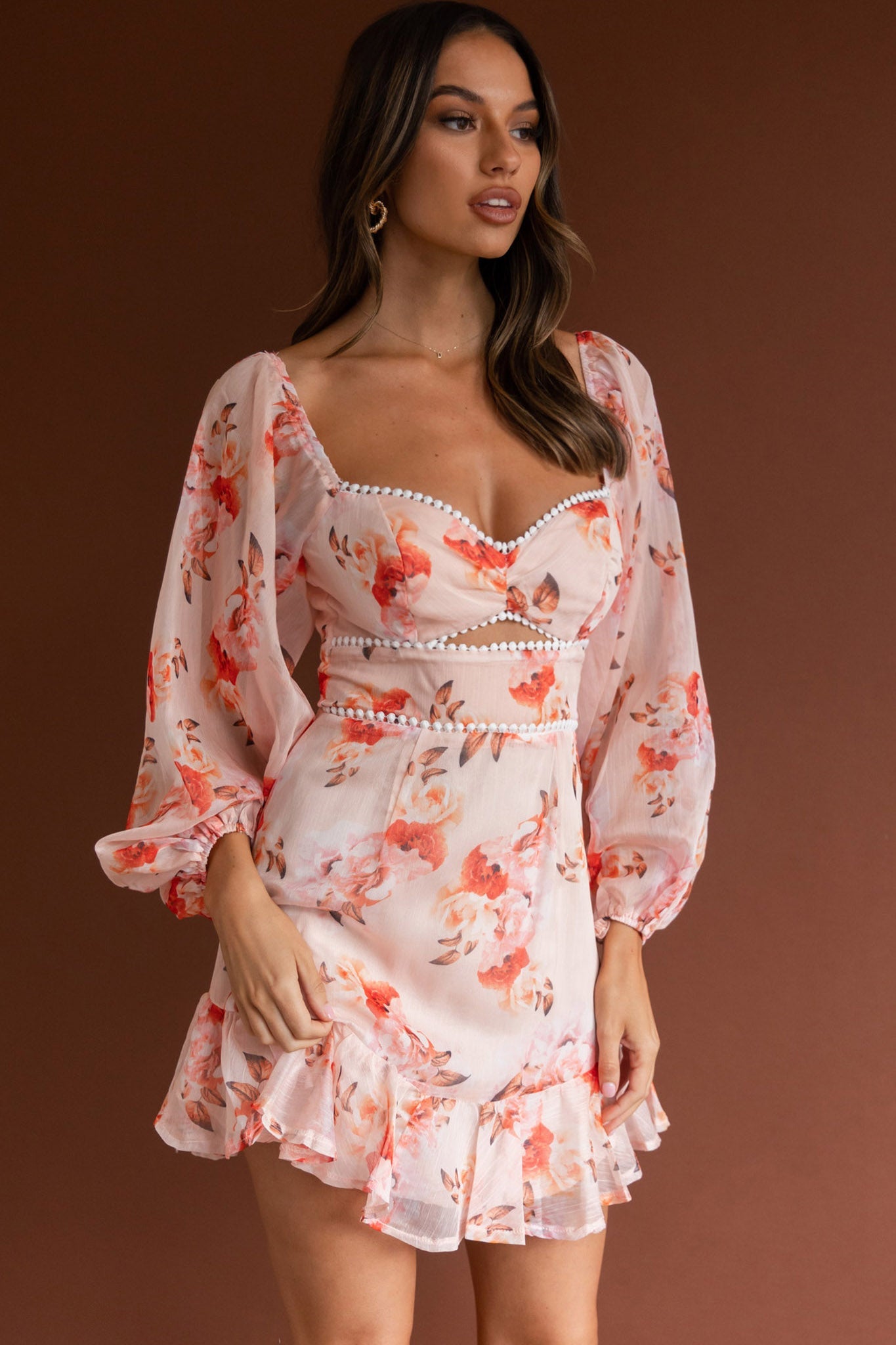 Catch Feelings Sweetheart Neckline Dot Trim Dress Rose Print Orange by Selfie Leslie