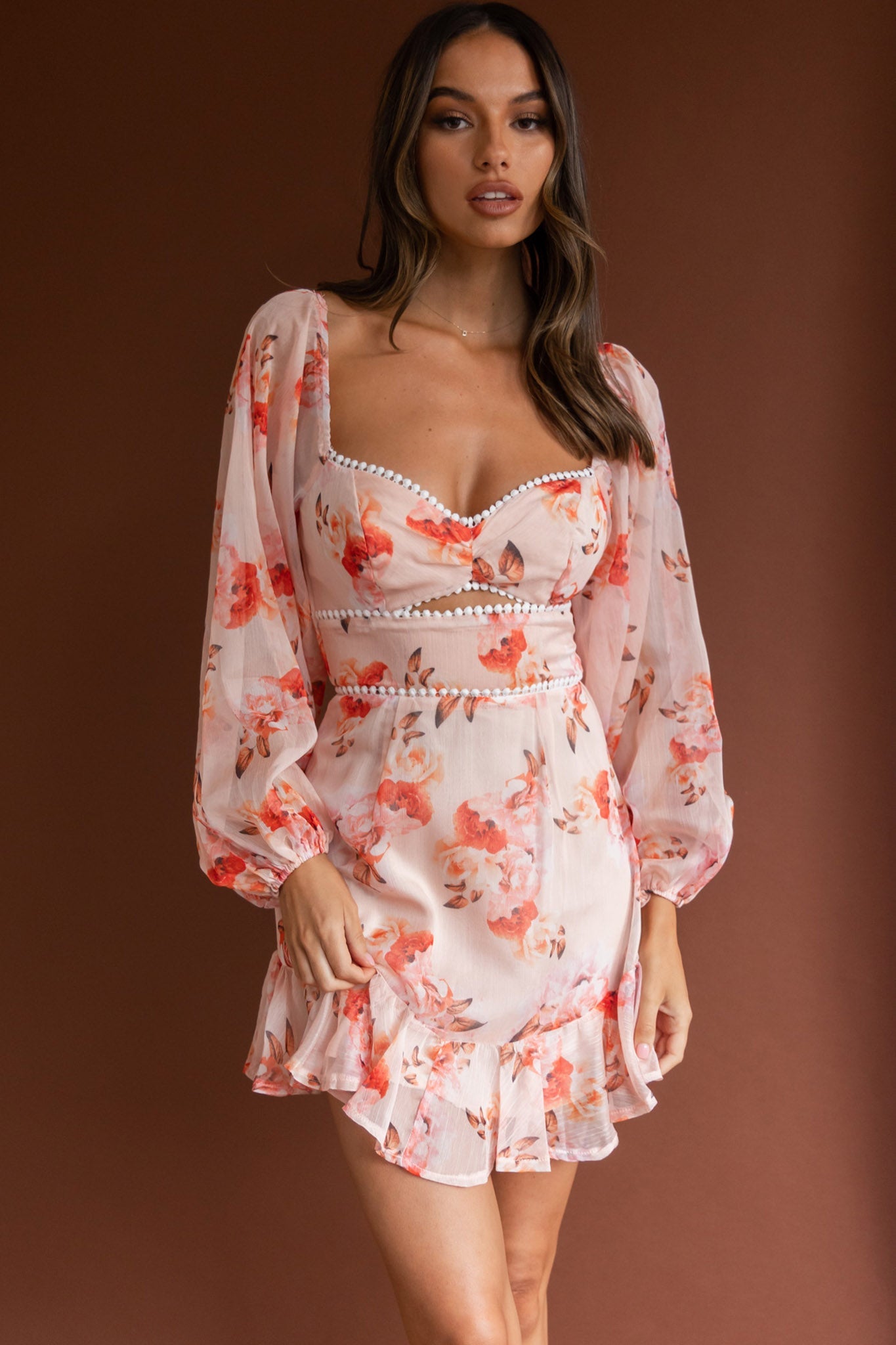 Catch Feelings Sweetheart Neckline Dot Trim Dress Rose Print Orange by Selfie Leslie
