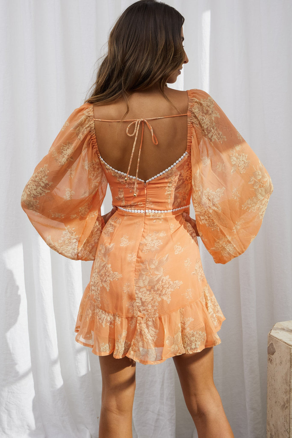 Catch Feelings Sweetheart Neckline Dot Trim Dress Hydrangea Print Orange by Selfie Leslie