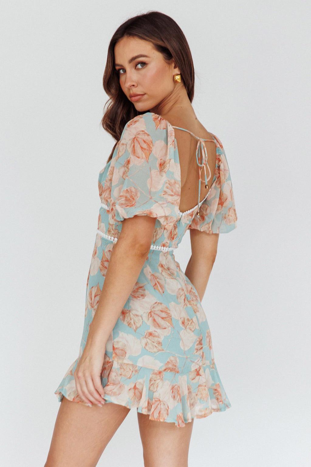 Catch Feelings Sweetheart Puff Sleeve Mini Dress Leaves Blue by Selfie Leslie Australia