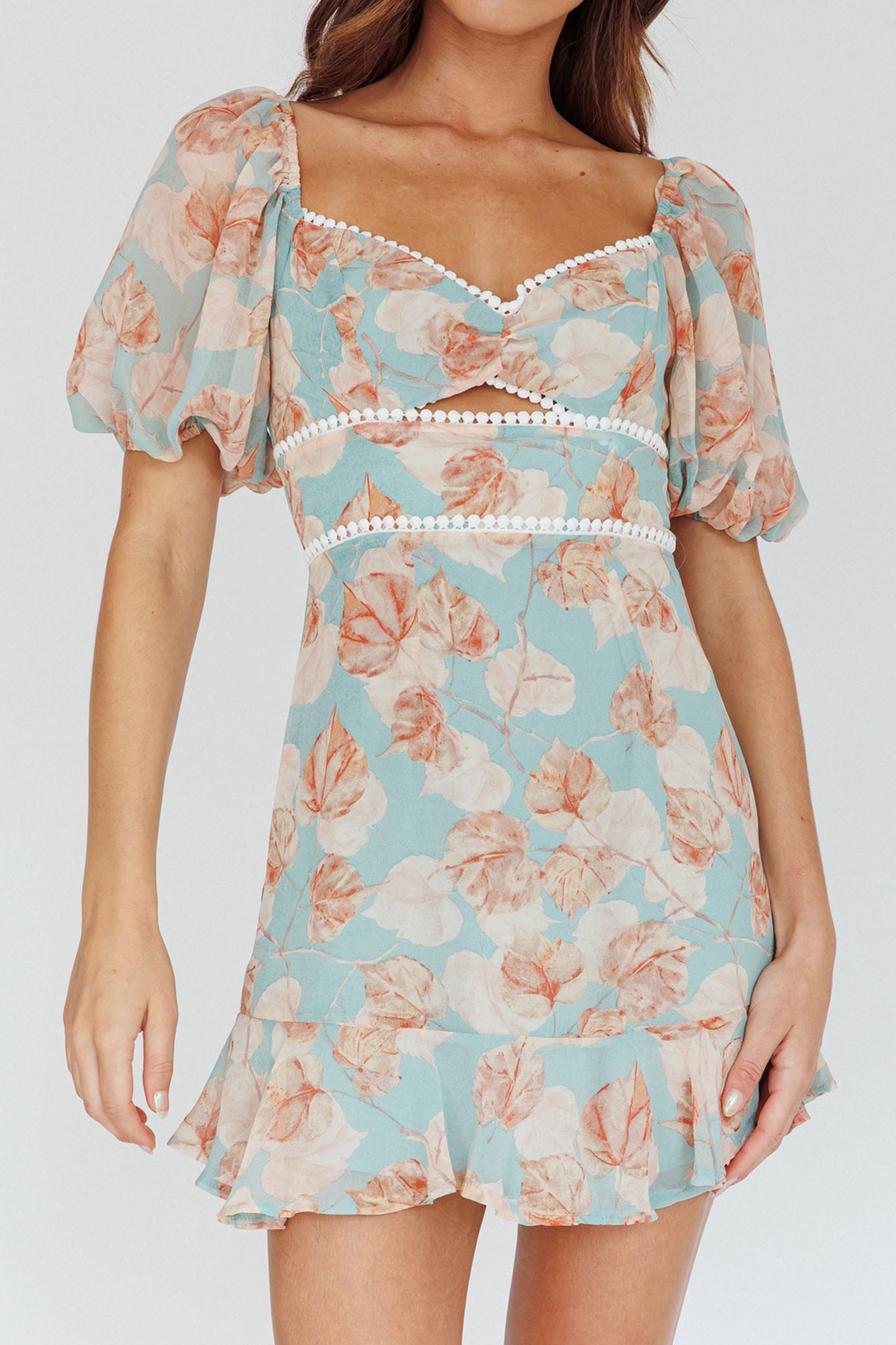 Catch Feelings Sweetheart Puff Sleeve Mini Dress Leaves Blue by Selfie Leslie Australia