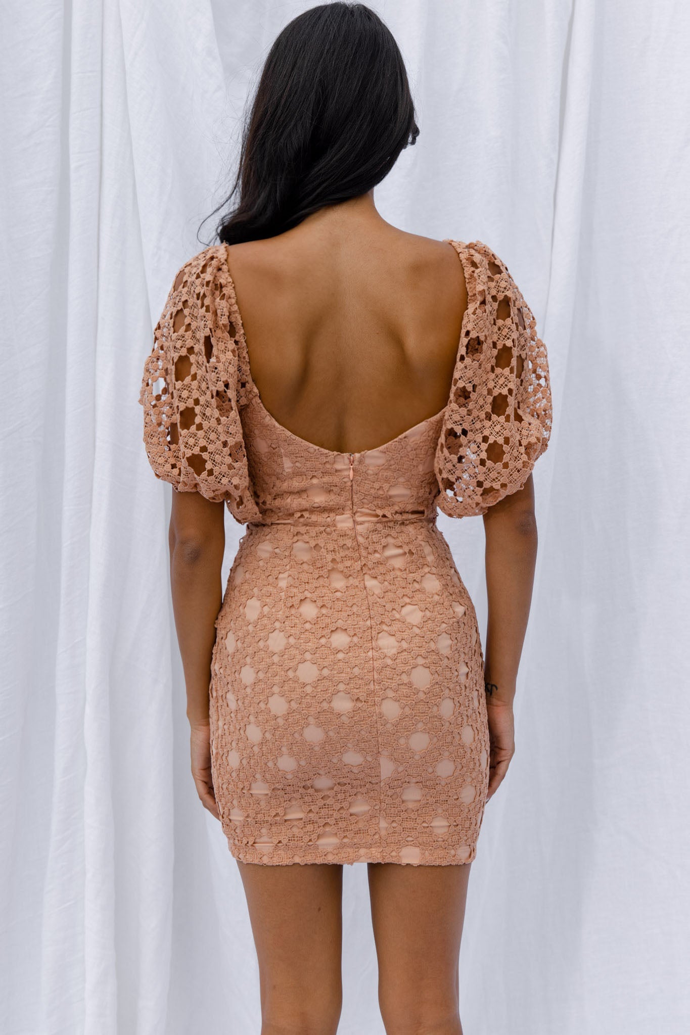 Catch Feelings Sweetheart Neckline Crochet Lace Overlay Dress Mocha by Selfie Leslie