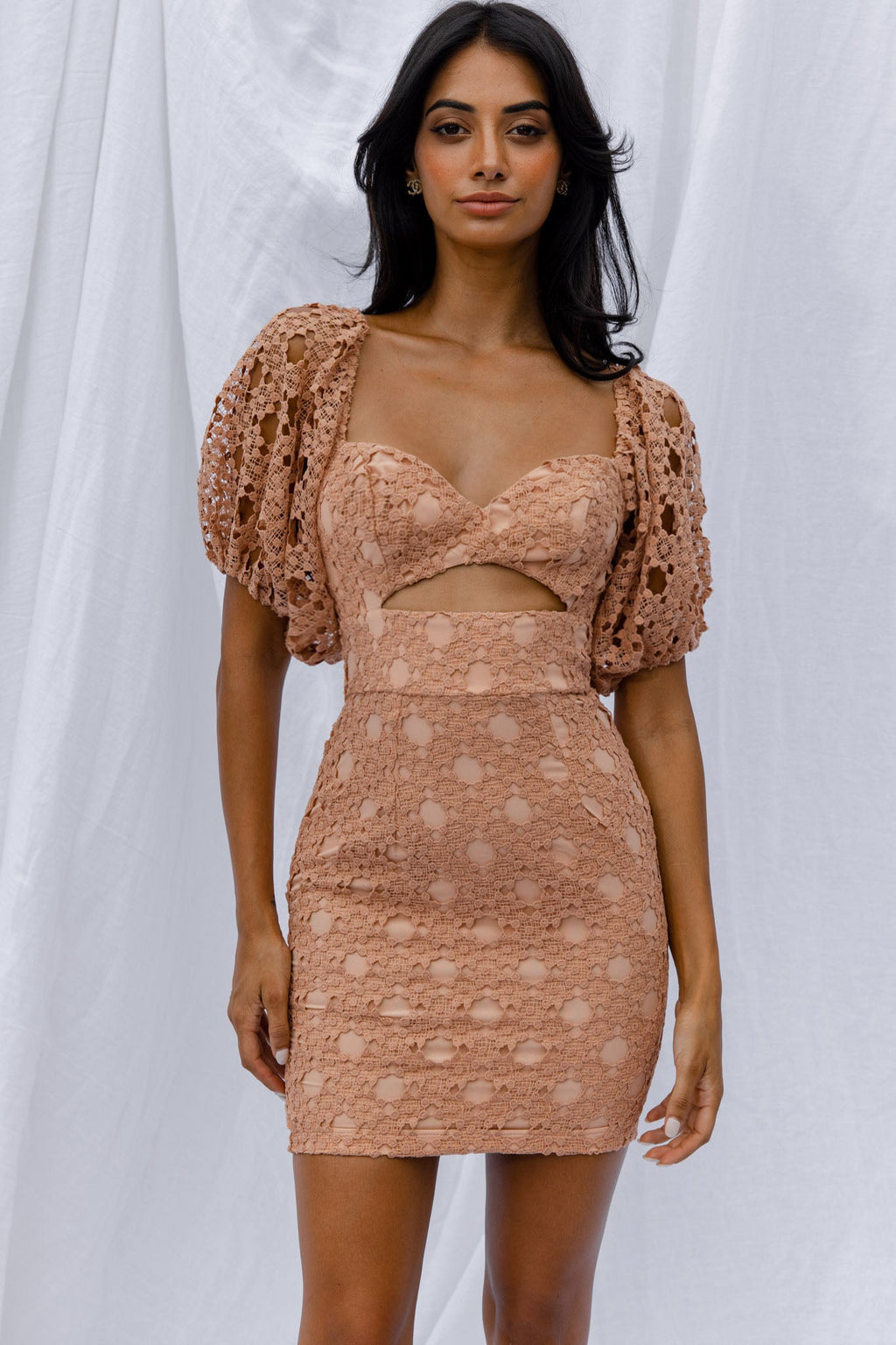 Catch Feelings Sweetheart Neckline Crochet Lace Overlay Dress Mocha by Selfie Leslie