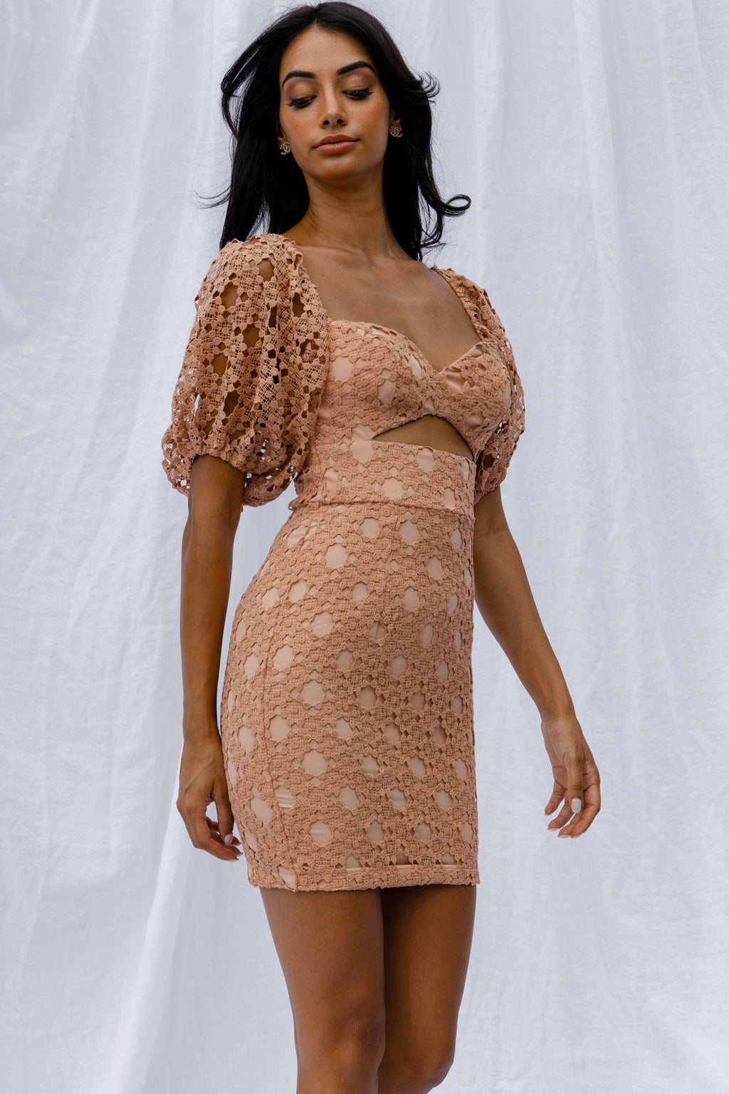 Catch Feelings Sweetheart Neckline Crochet Lace Overlay Dress Mocha by Selfie Leslie