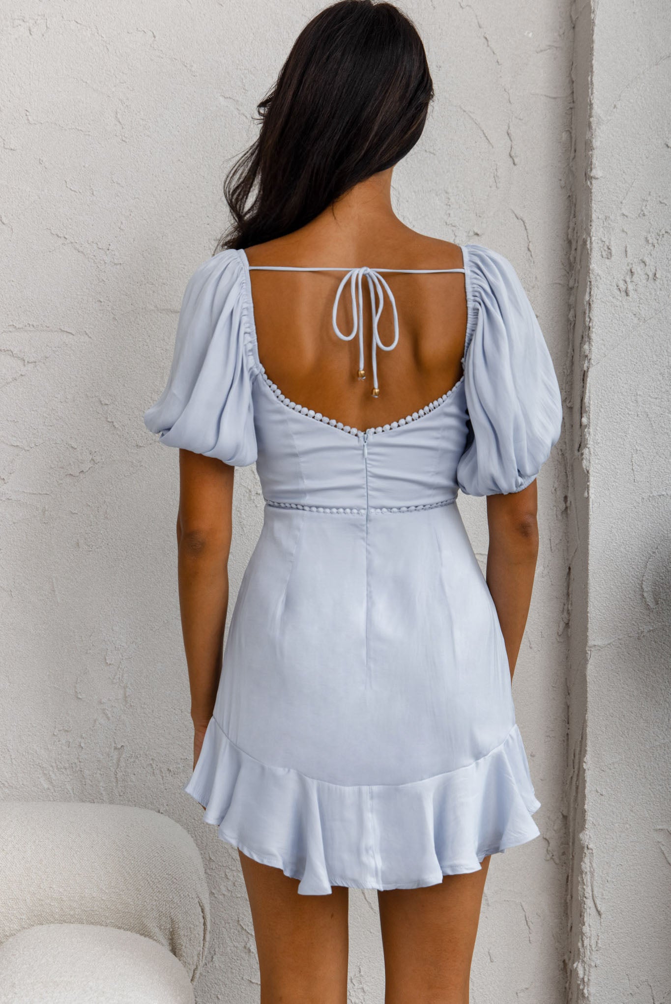 Catch Feelings Sweetheart Neckline Puff Sleeeve Dot Trim Dress Steel Blue by Selfie Leslie