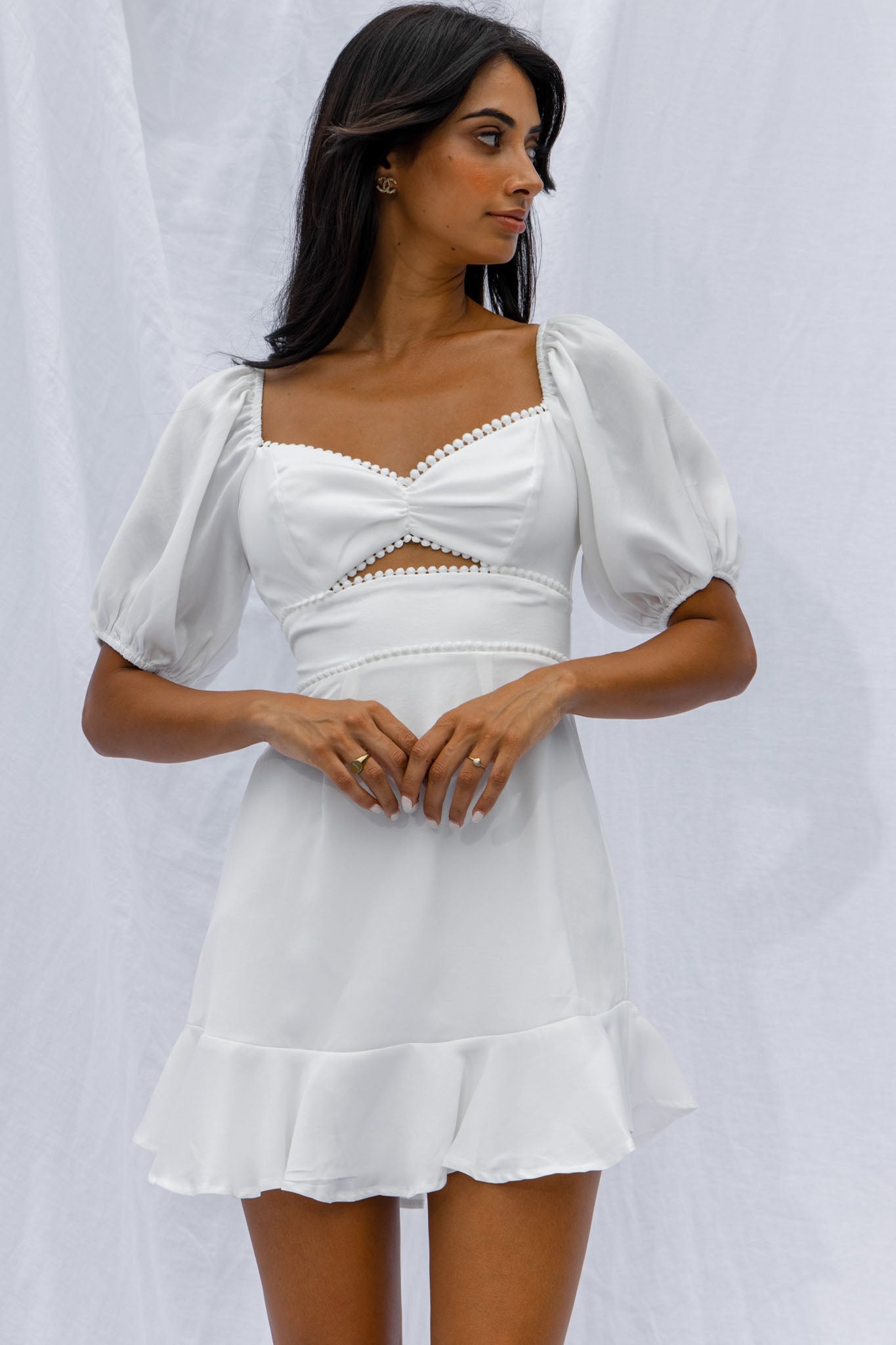 Catch Feelings Sweetheart Neckline Puff Sleeeve Dot Trim Dress White by Selfie Leslie