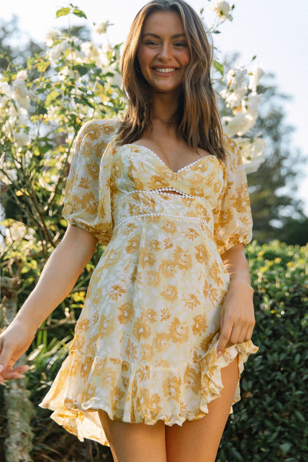 Catch Feelings Sweetheart Neckline Dot Trim Dress Floral Print Yellow by Selfie Leslie