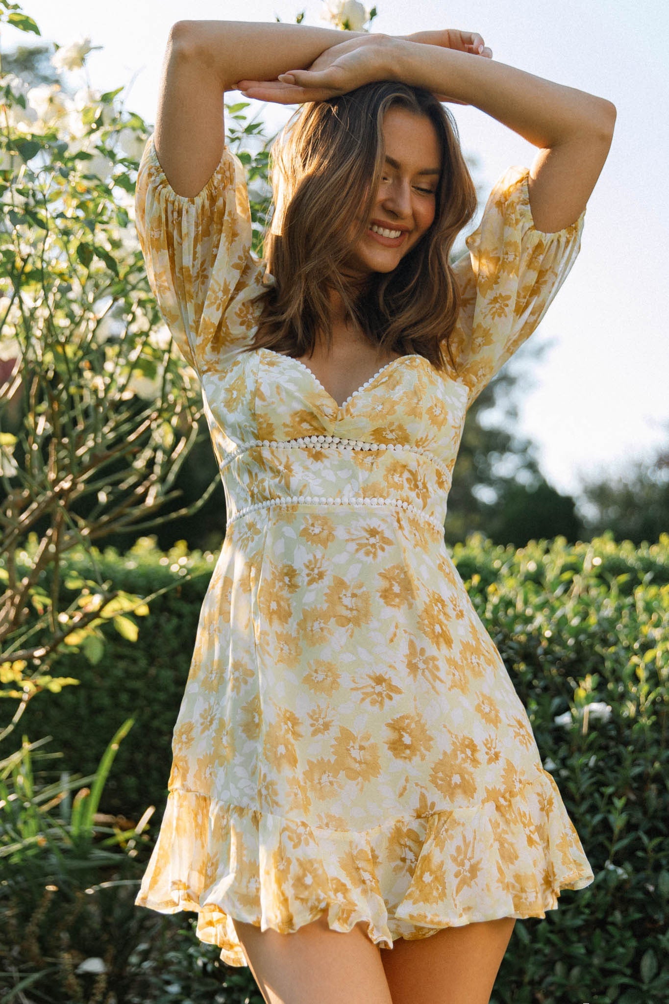 Catch Feelings Sweetheart Neckline Dot Trim Dress Floral Print Yellow by Selfie Leslie