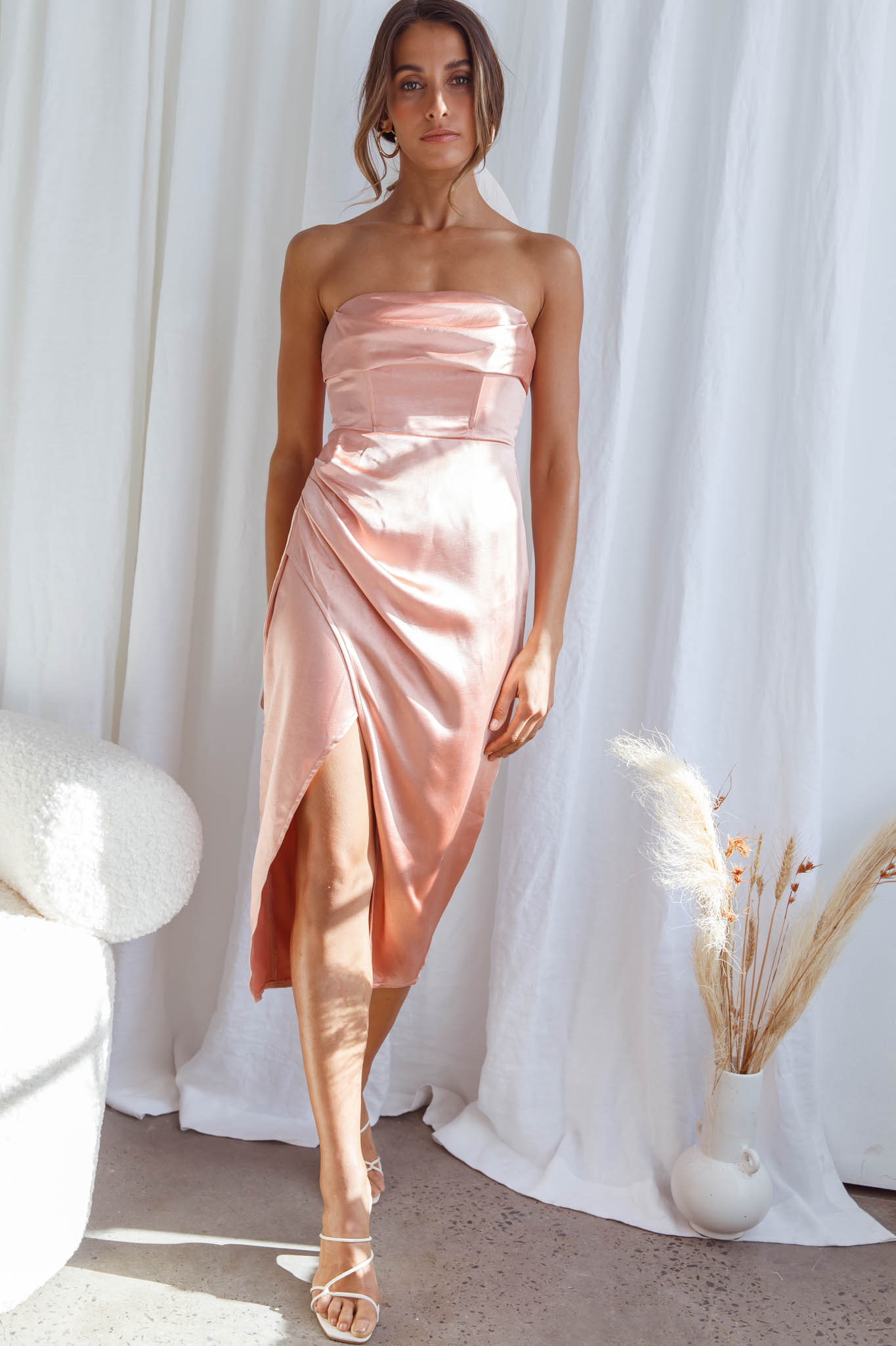 Dolce Vita Cowl Bust Strapless Midi Dress Apricot by Selfie Leslie