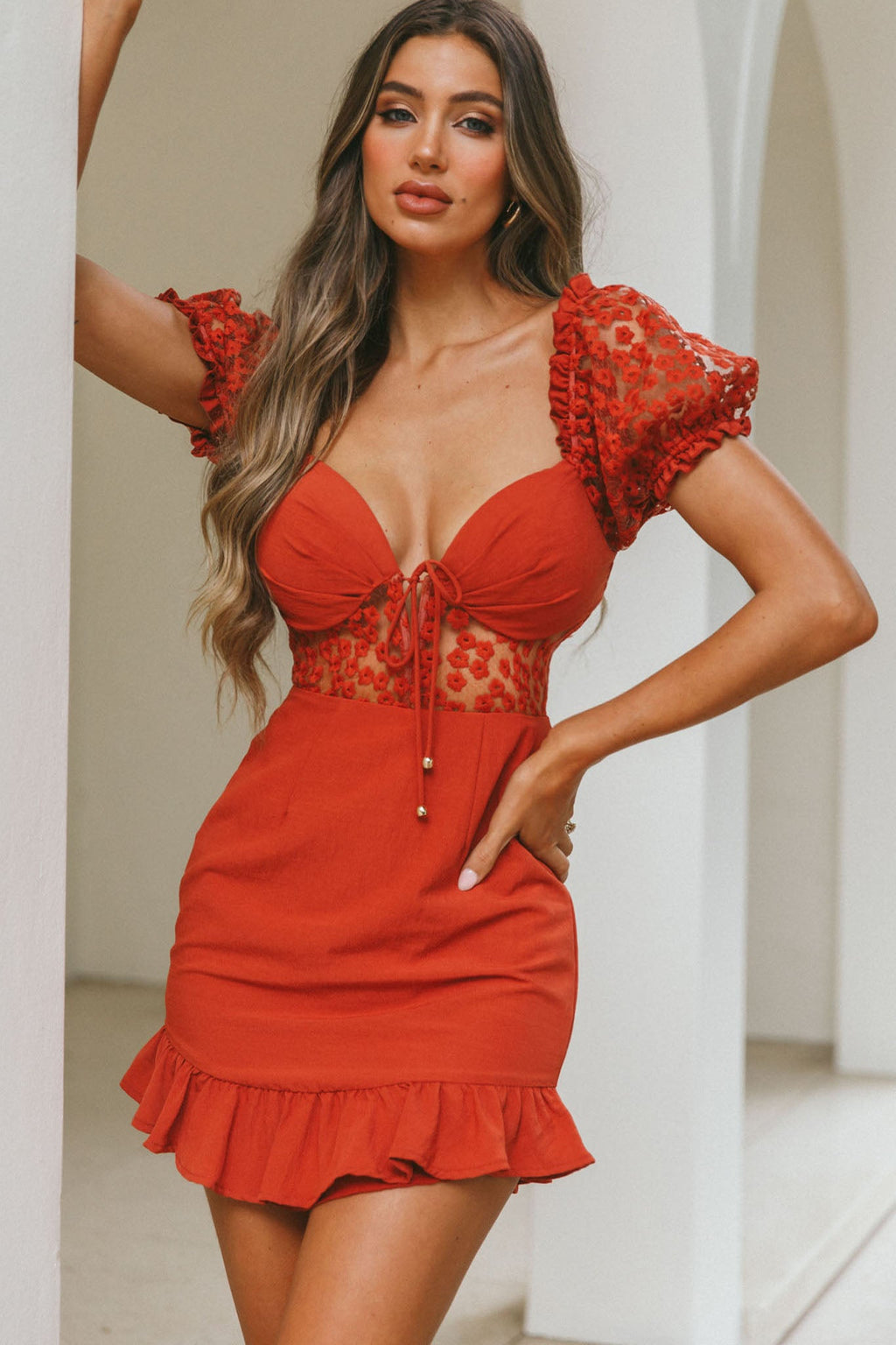 Field Dreams Puff Sleeve Tie-Up Bodice Floral Embroidery Mini Dress Rose by Selfie Leslie