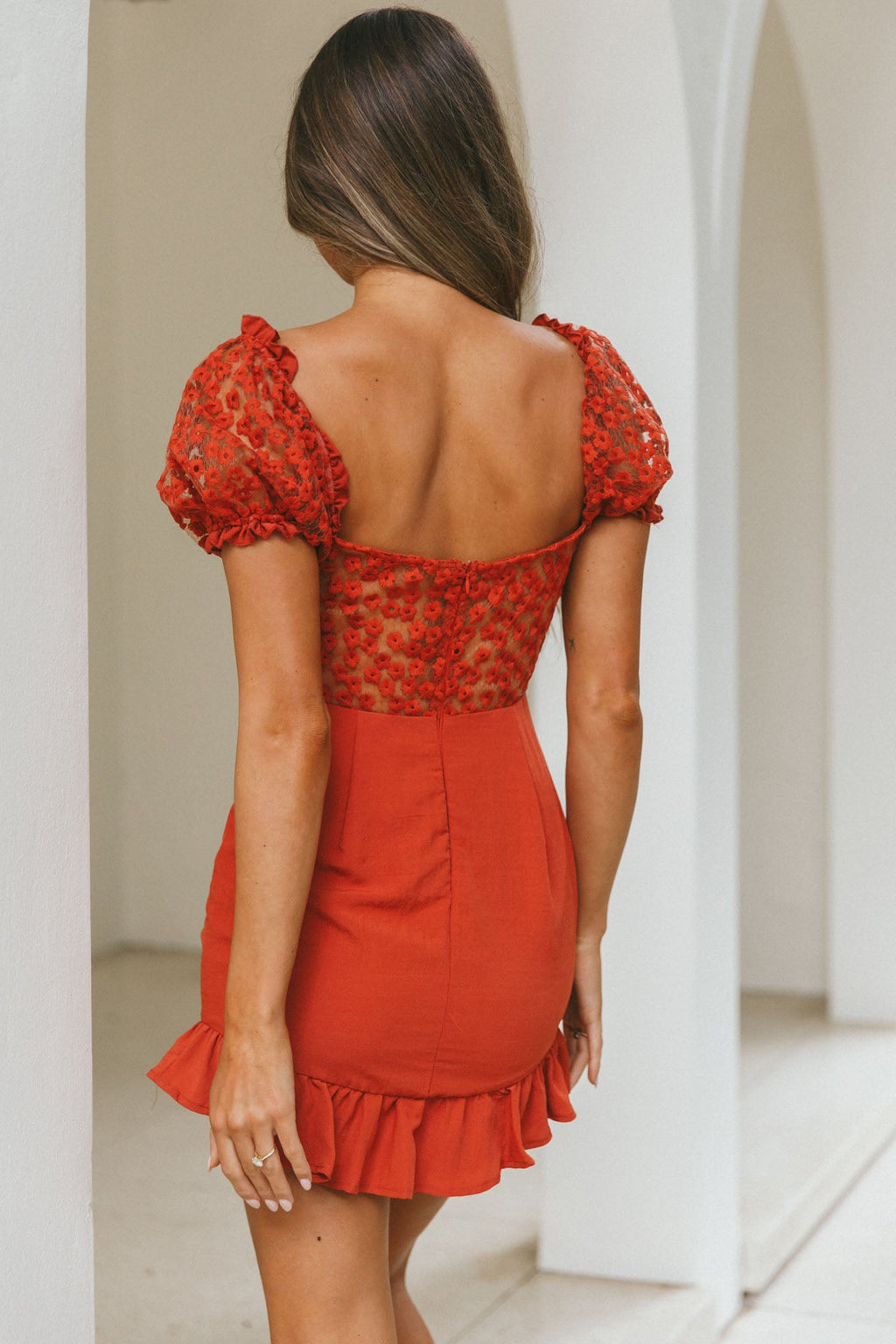 Field Dreams Puff Sleeve Tie-Up Bodice Floral Embroidery Mini Dress Rose by Selfie Leslie
