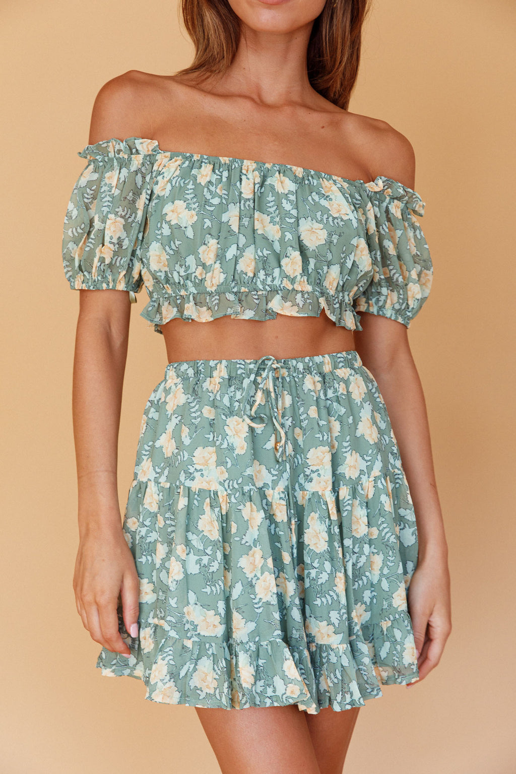 Archana Drawstring Waist Skirt Floral Green by Selfie Leslie Australia