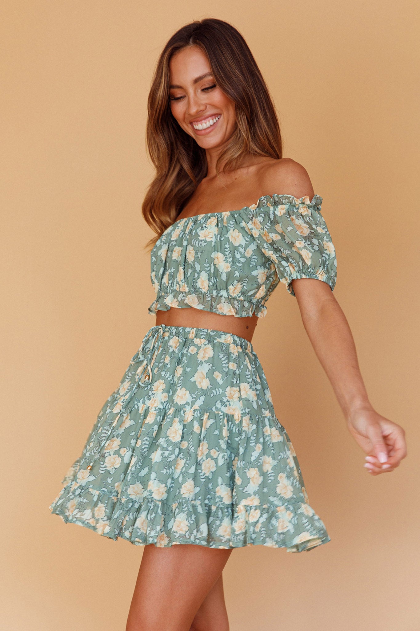 Archana Drawstring Waist Skirt Floral Green by Selfie Leslie Australia
