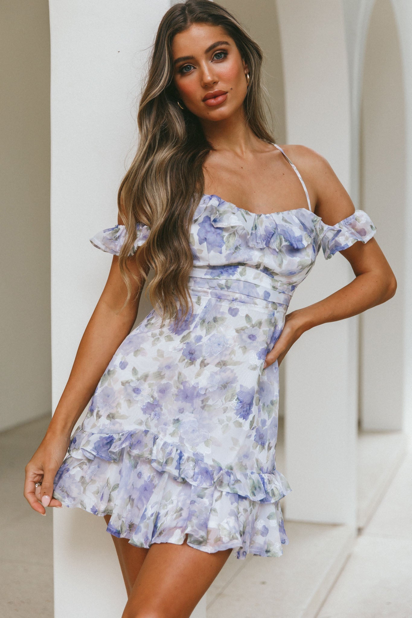 Matilda Frill Trim Off-Shoulder Mini Dress Floral Print Blue by Selfie Leslie