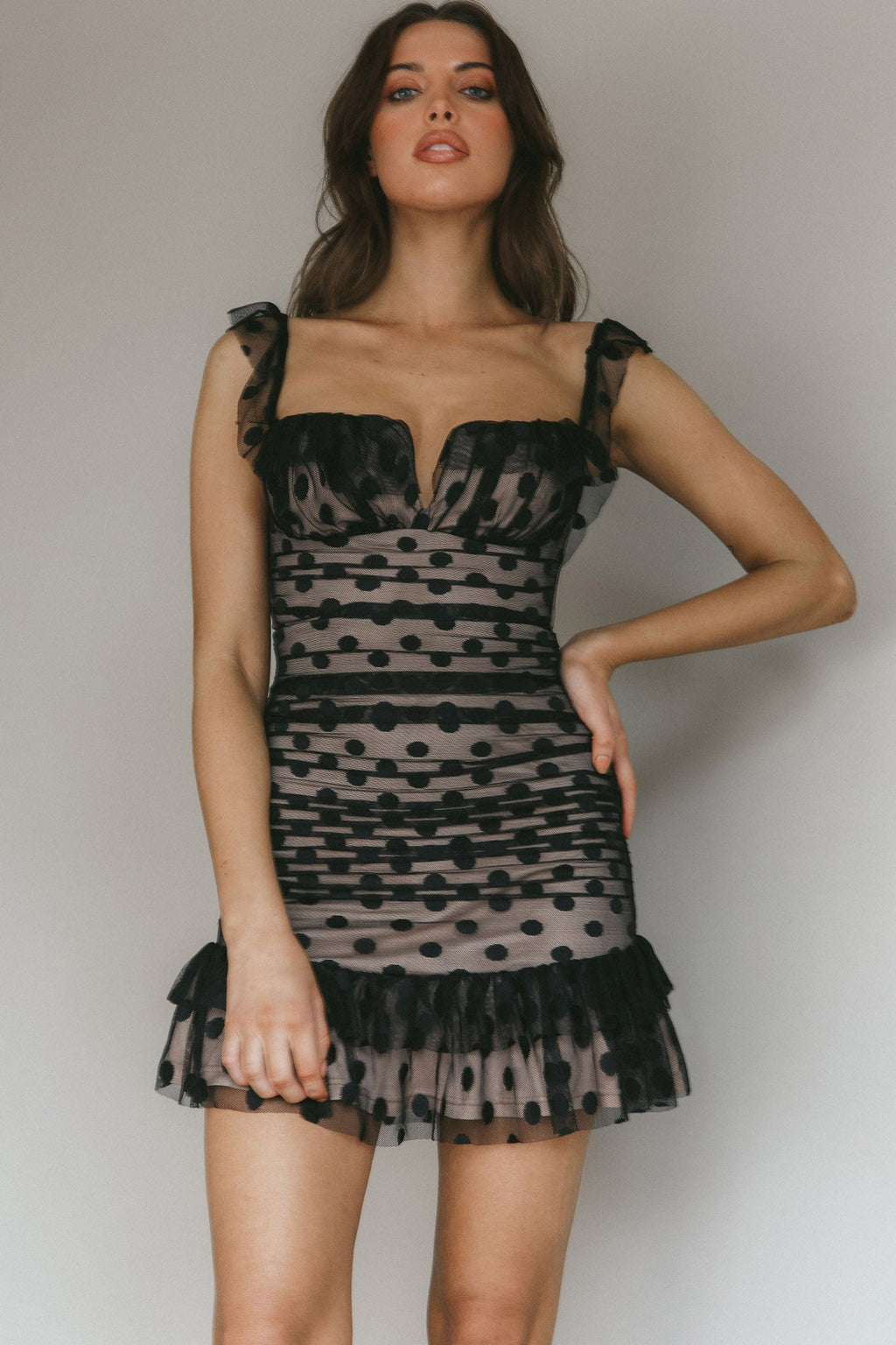 Matilda Frill Trim Mesh Mini Dress Polka Dot Black by Selfie Leslie