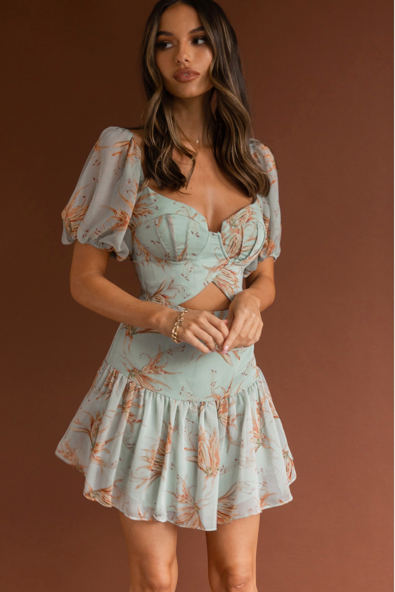 Devoted Structured Bust Puff Sleeve Dress Lily Print Pistachio by Selfie Leslie
