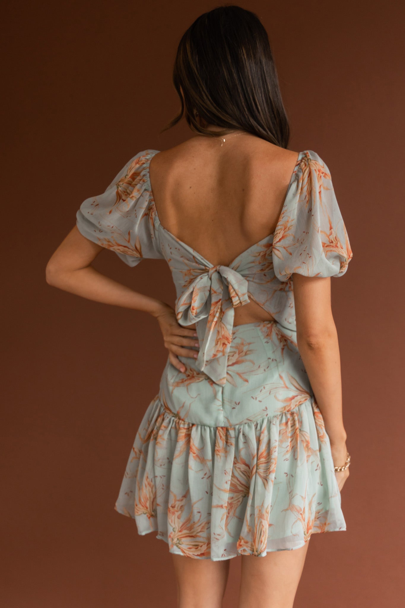 Devoted Structured Bust Puff Sleeve Dress Lily Print Pistachio by Selfie Leslie