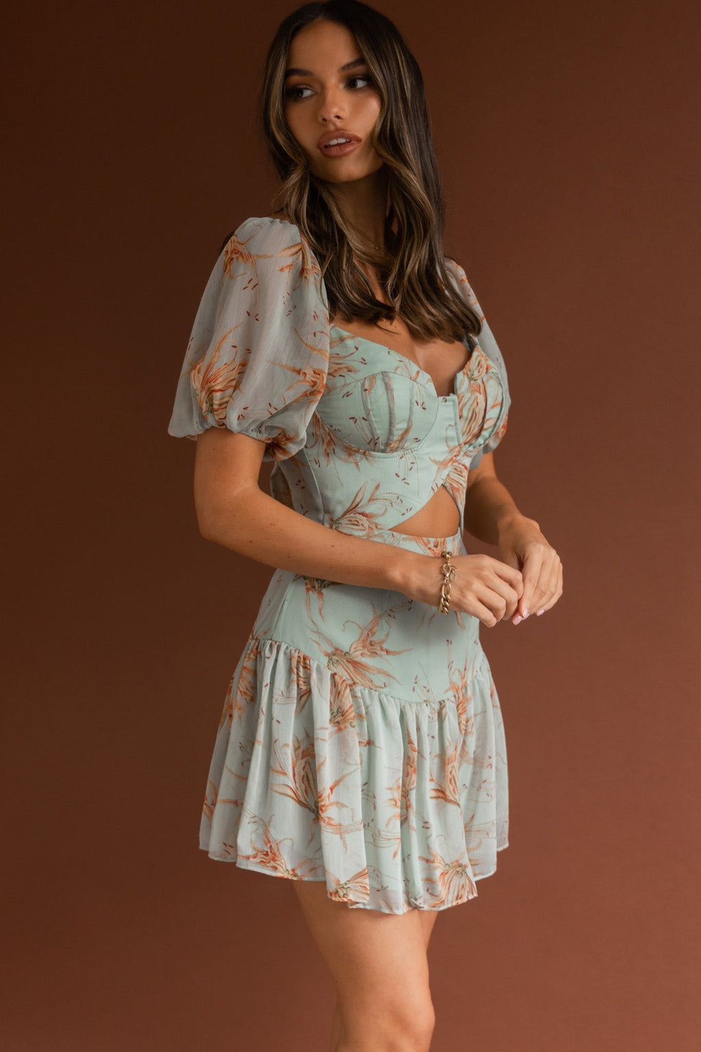 Devoted Structured Bust Puff Sleeve Dress Lily Print Pistachio by Selfie Leslie