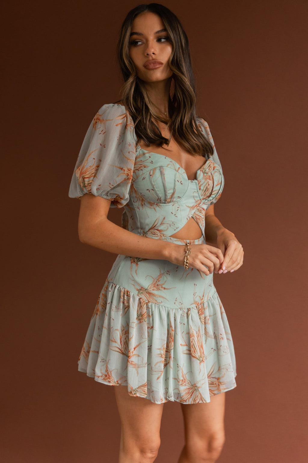 Devoted Structured Bust Puff Sleeve Dress Lily Print Pistachio by Selfie Leslie