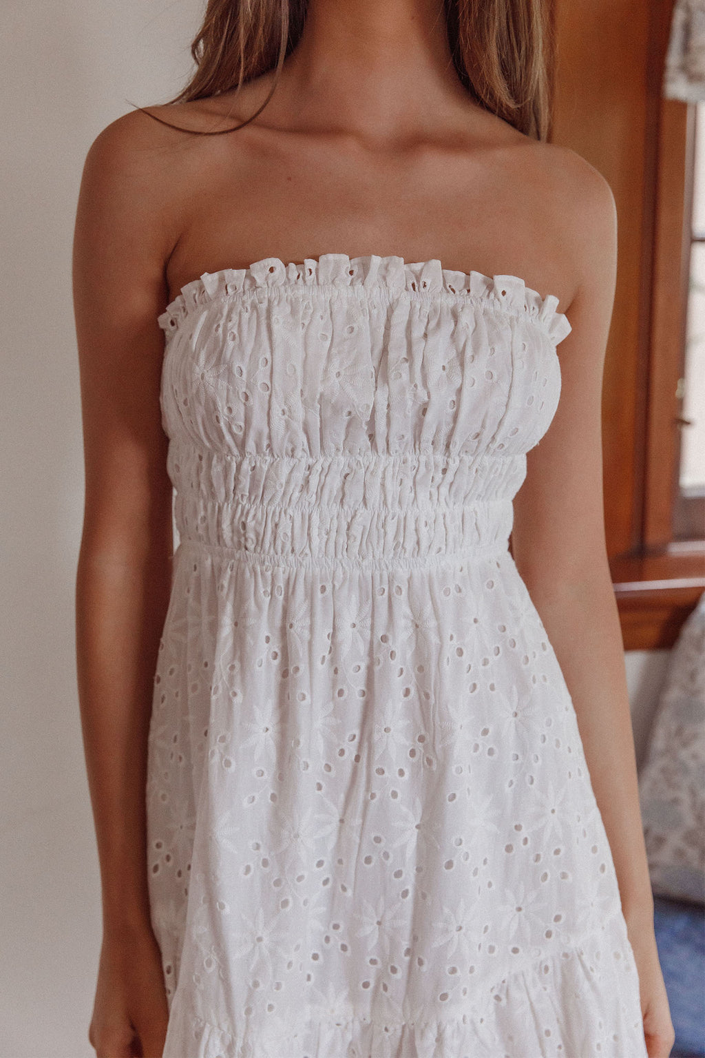 Chasing Sunshine Strapless Midi Dress White by Selfie Leslie Australia