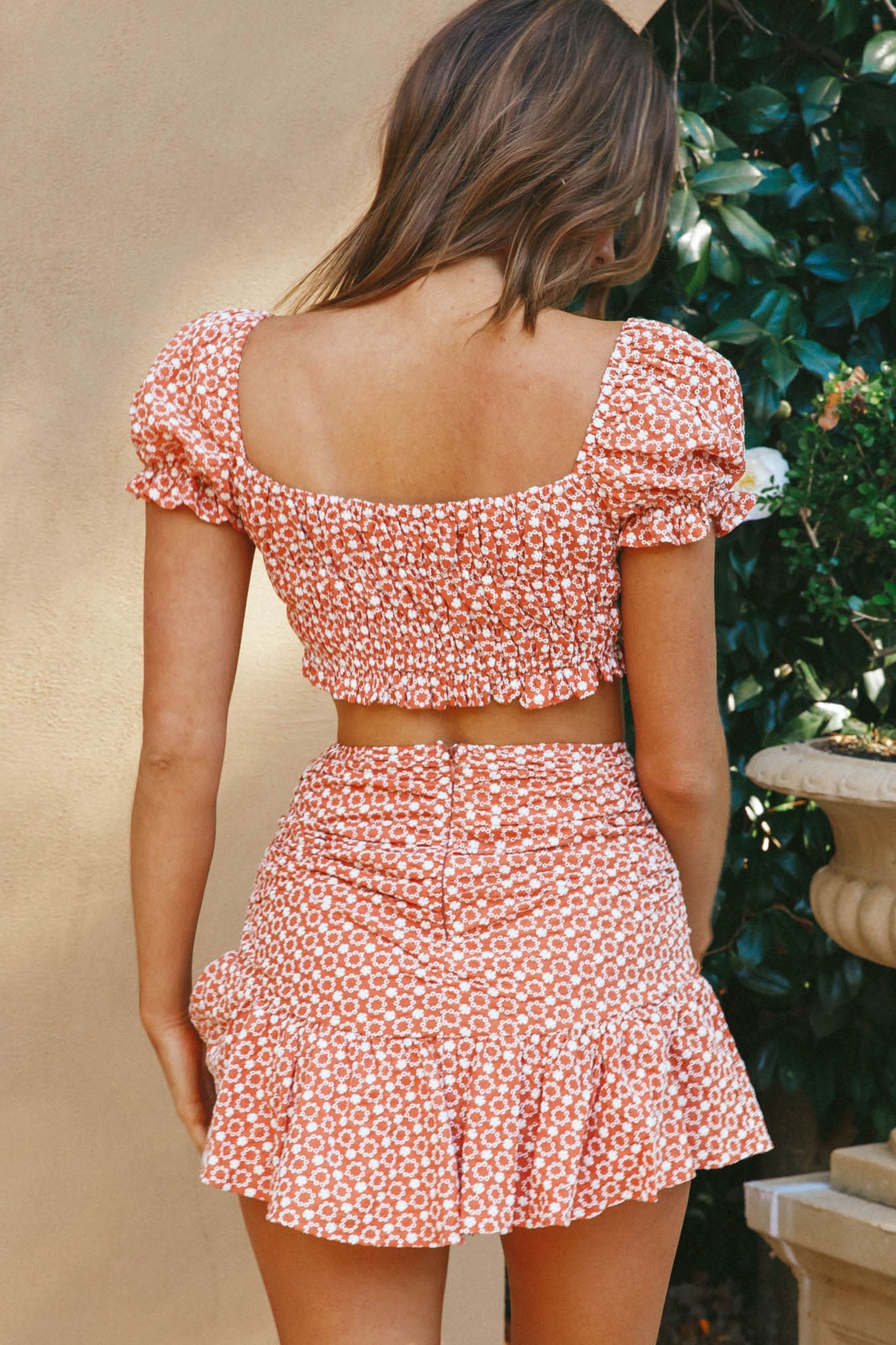 Paradis Off-Shoulder Shirred Eyelet Embroidery Crop Top Terracotta by Selfie Leslie
