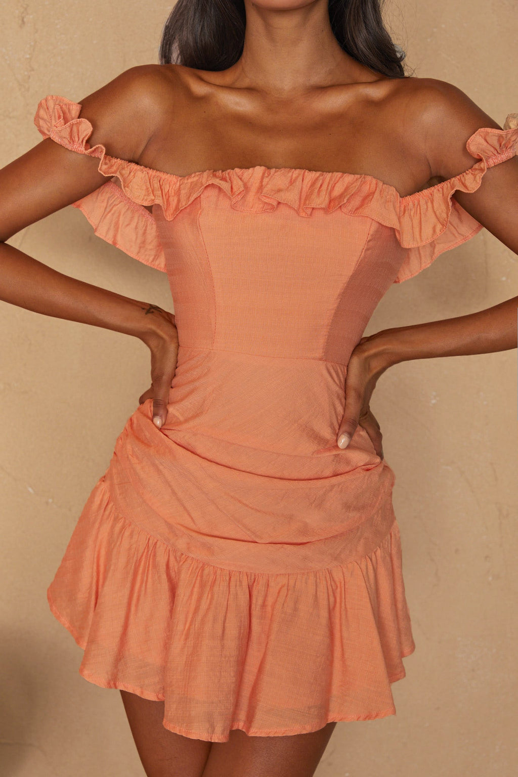 Paradis Off-Shoulder Ruched Bodice Mini Dress Mango by Selfie Leslie