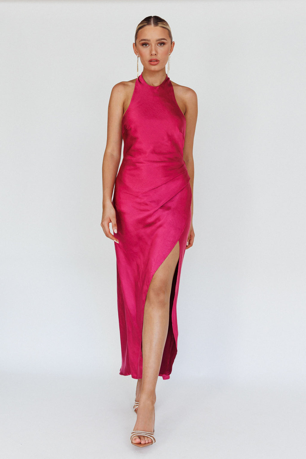 Sonoma Halterneck Faux Wrap Twist Back Maxi Dress Fuchsia by Selfie Leslie Australia