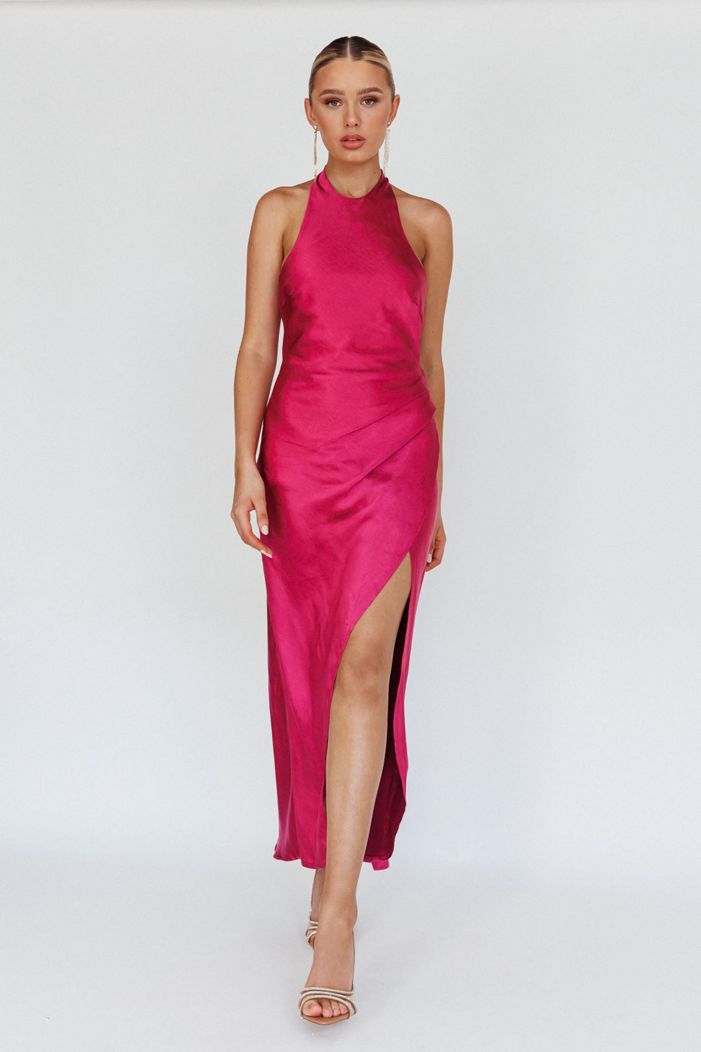 Sonoma Halterneck Faux Wrap Twist Back Maxi Dress Fuchsia by Selfie Leslie Australia