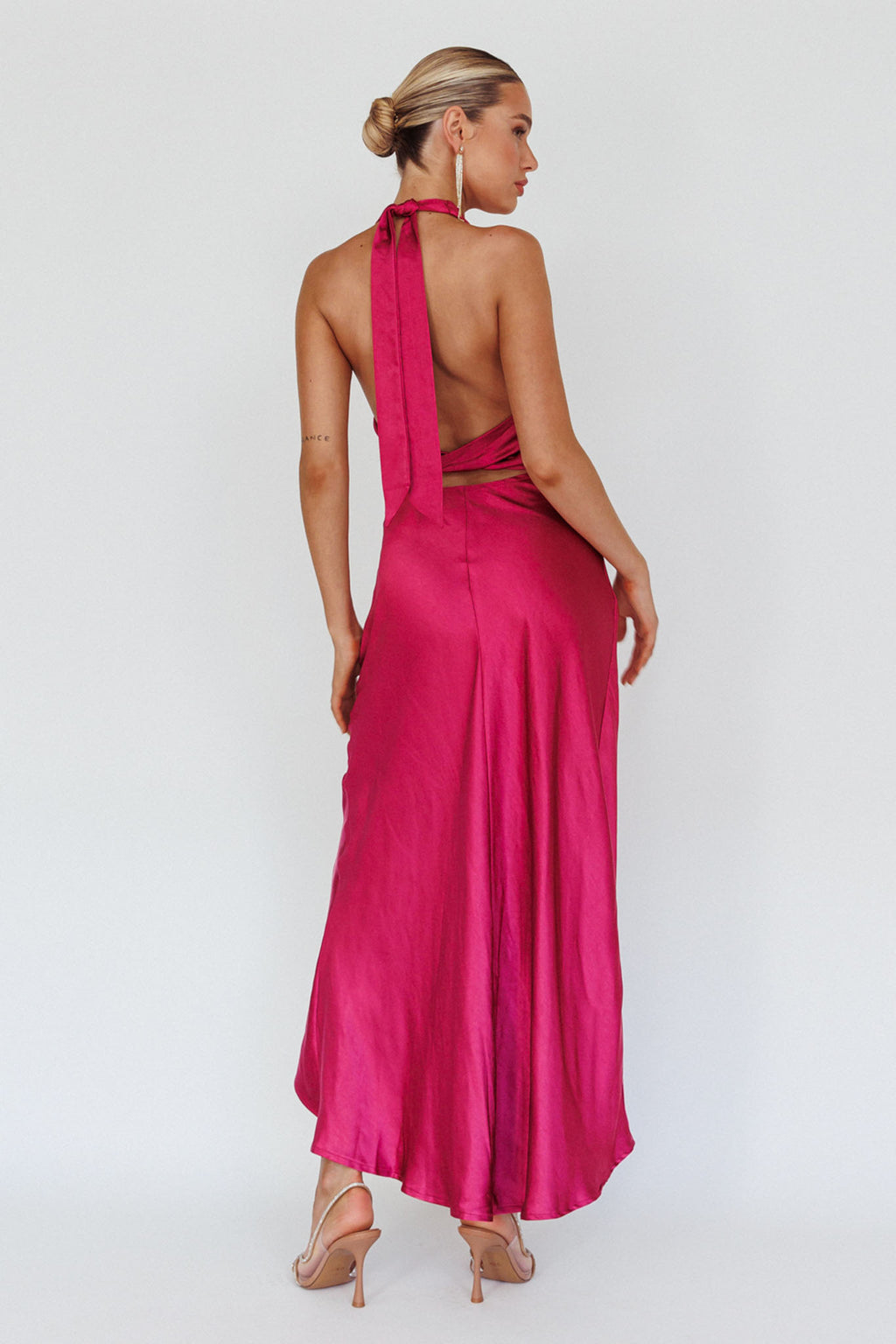 Sonoma Halterneck Faux Wrap Twist Back Maxi Dress Fuchsia by Selfie Leslie Australia