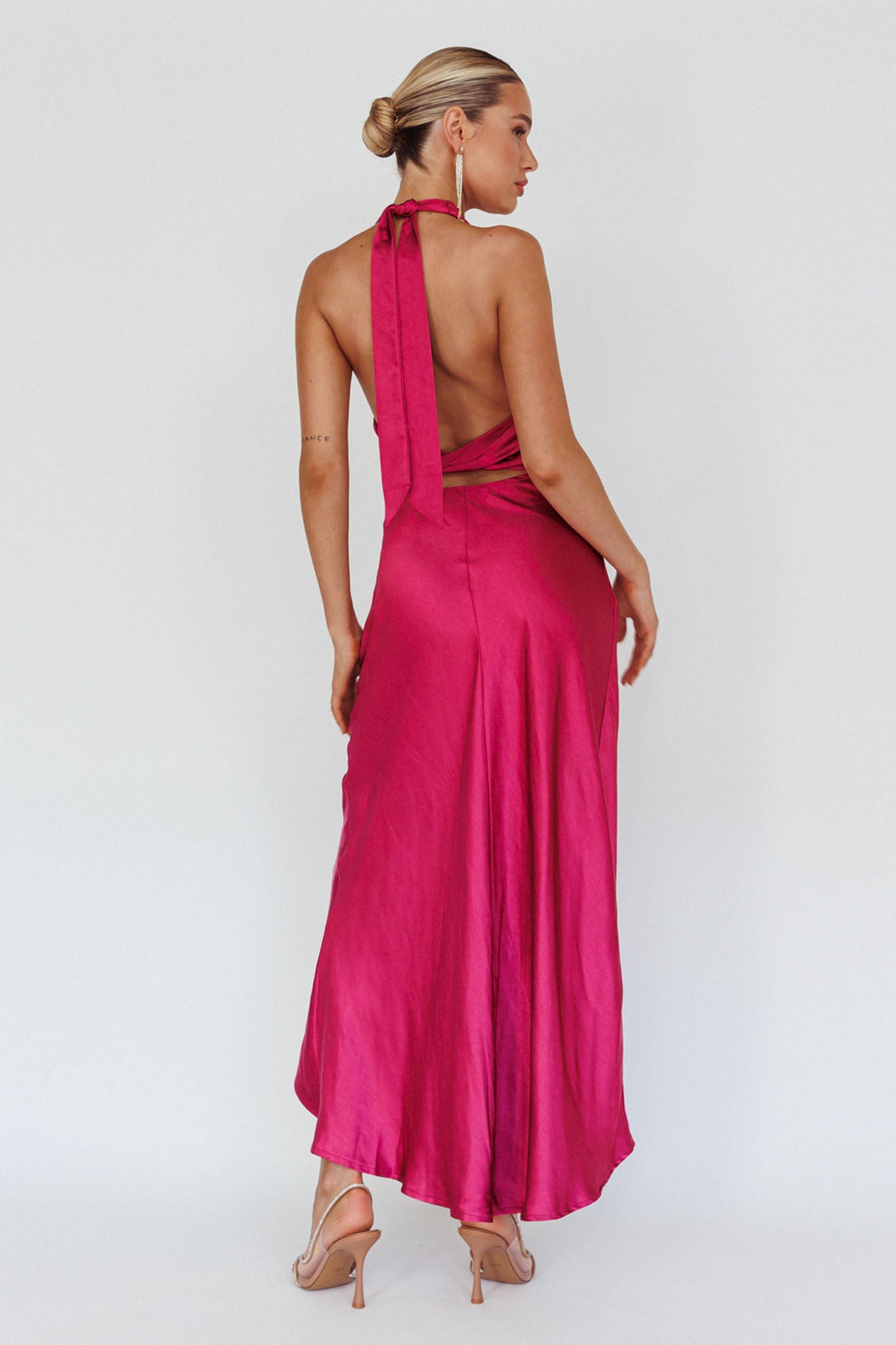 Sonoma Halterneck Faux Wrap Twist Back Maxi Dress Fuchsia by Selfie Leslie Australia